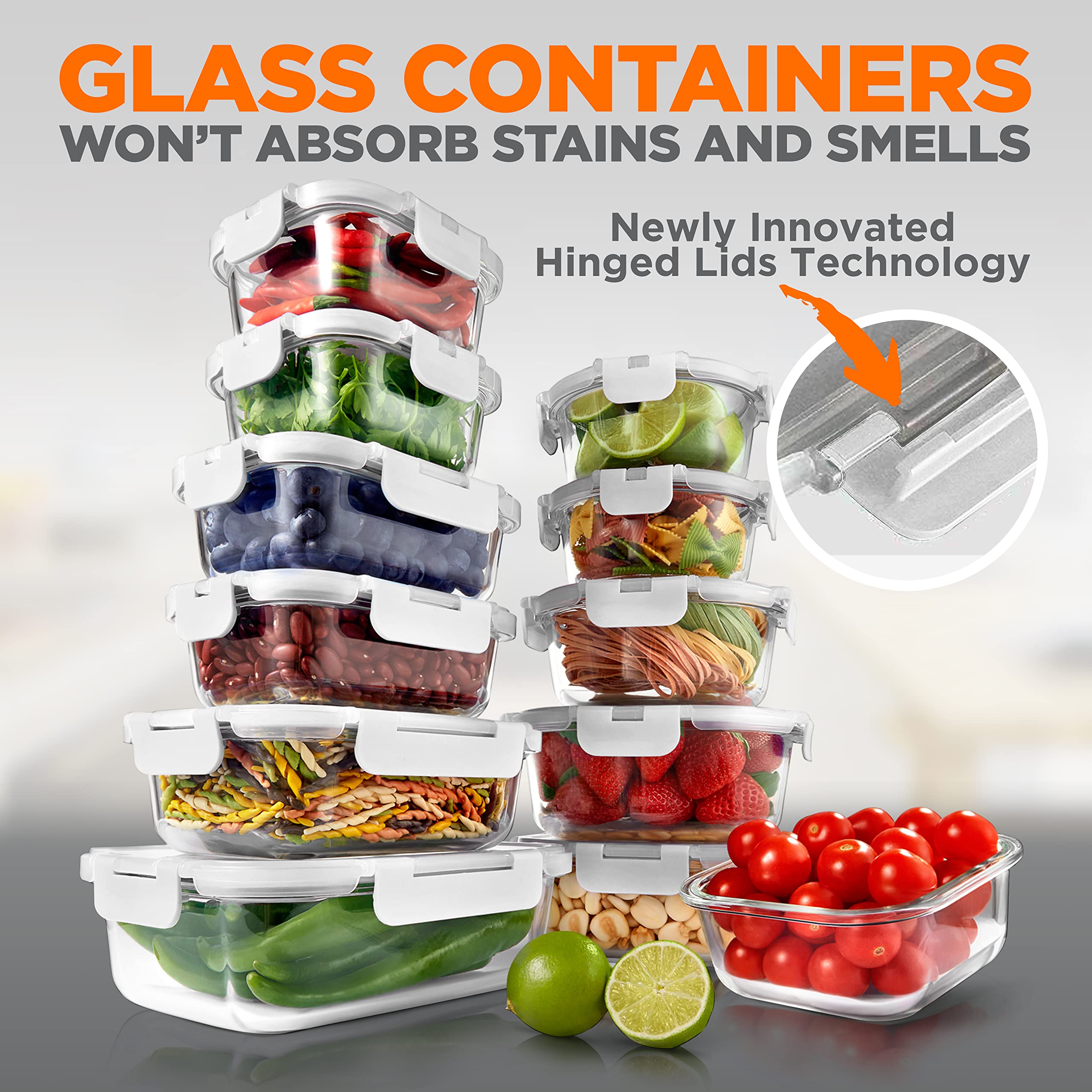 NutriChef 12-Piece Glass Food Storage Containers Set with Airtight Lids - Stackable Meal Prep Containers for Leftovers, Snacks, Fruits & Vegetables - Microwave, Freezer & Dishwasher Safe - Perfect for Meal Prepping, Office Lunches & Pantry Organization (White)