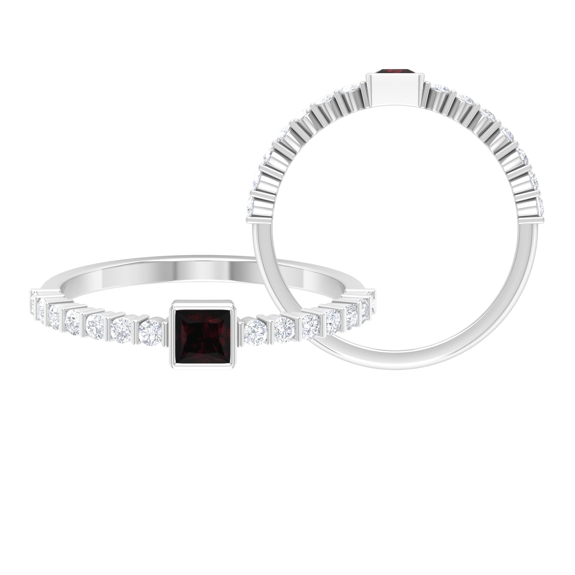 3/4 CT Red Garnet and Diamond Solitaire Ring for Women - 14K Solid Gold Bezel Setting Princess Cut Engagement Ring - Perfect for Valentine's Day, Anniversary Gifts & Special Occasions