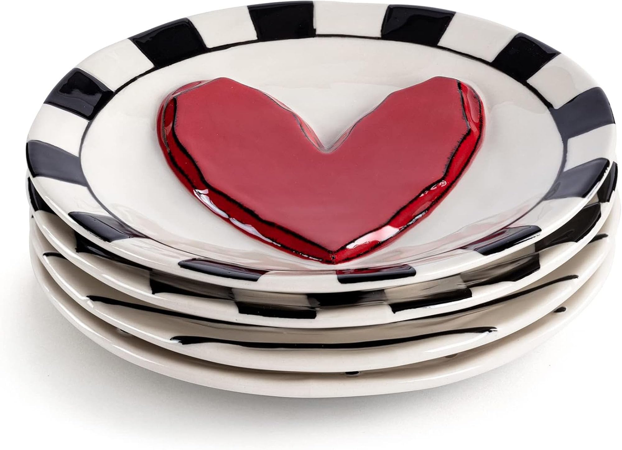 DEMDACO 6.5 Inch Stoneware Appetizer Plates Set of 4 - Elegant Black and Red Heart Design for Dinner Parties, Valentine's Day & Romantic Date Nights