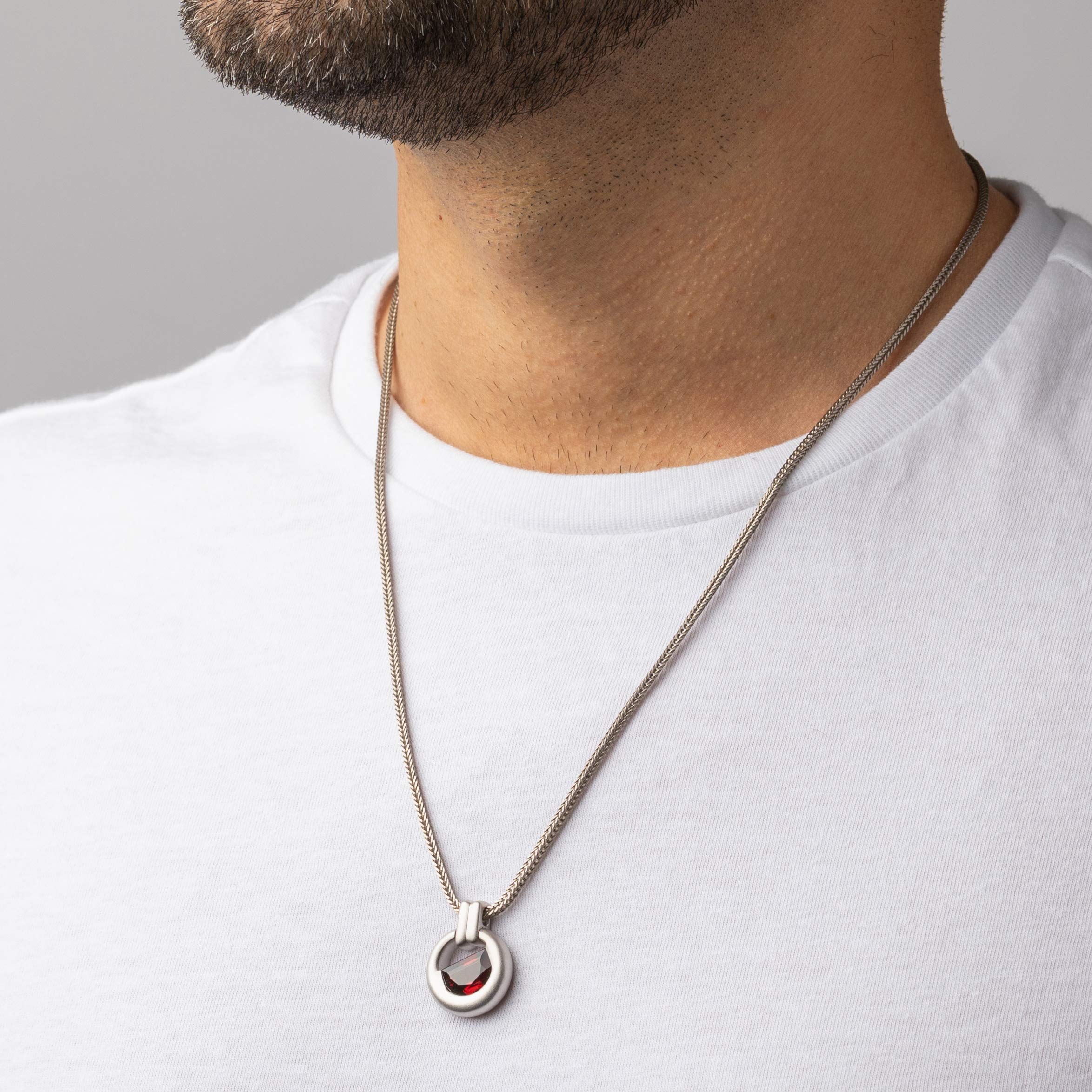 PEORA Sterling Silver Garnet Pendant Necklace for Men - 4.50 Carat Half Moon Shape with 22