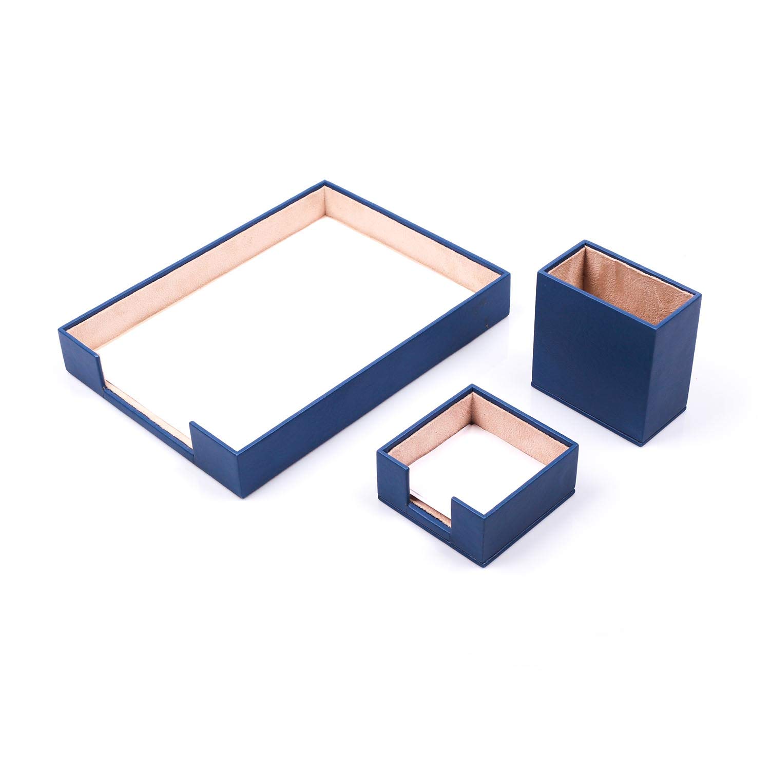 Premium Bonded Leather Desk Organizer Set - 10-Piece Office Desk Accessories with Single Document Tray - Elegant Blue Desk Supplies for Home & Office Organization - Perfect for Files, Stationery, and Workspace Decluttering