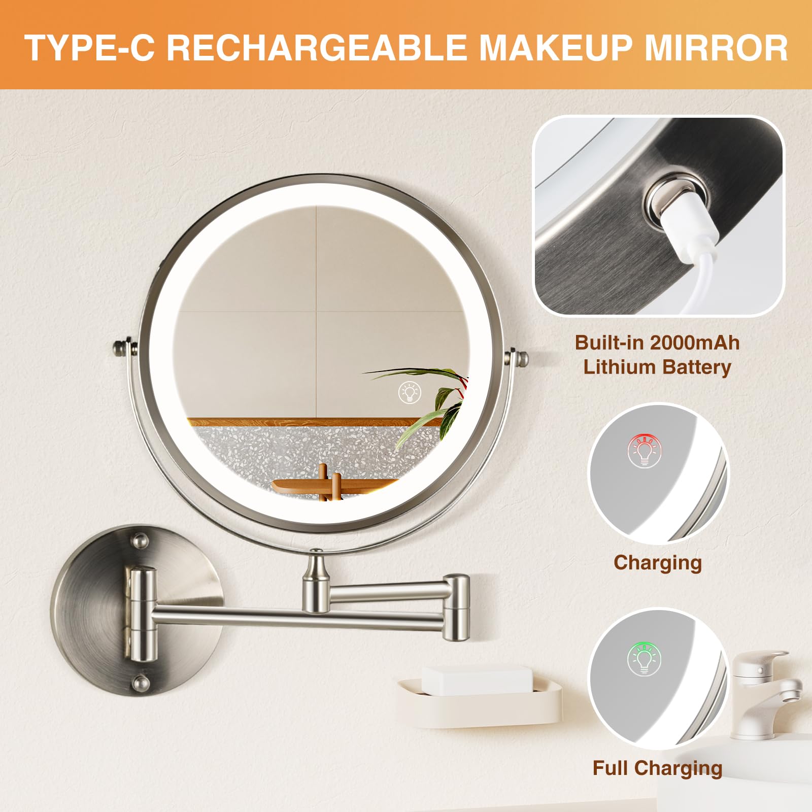 8.5 Inch Rechargeable Wall Mounted Makeup Mirror with Dual-Touch 1X/10X Magnification - Brushed Nickel Finish, 3 Color LED Lights & 360° Swivel - Extendable Bathroom Vanity Mirror for Shaving, Makeup Application & Skincare Routine
