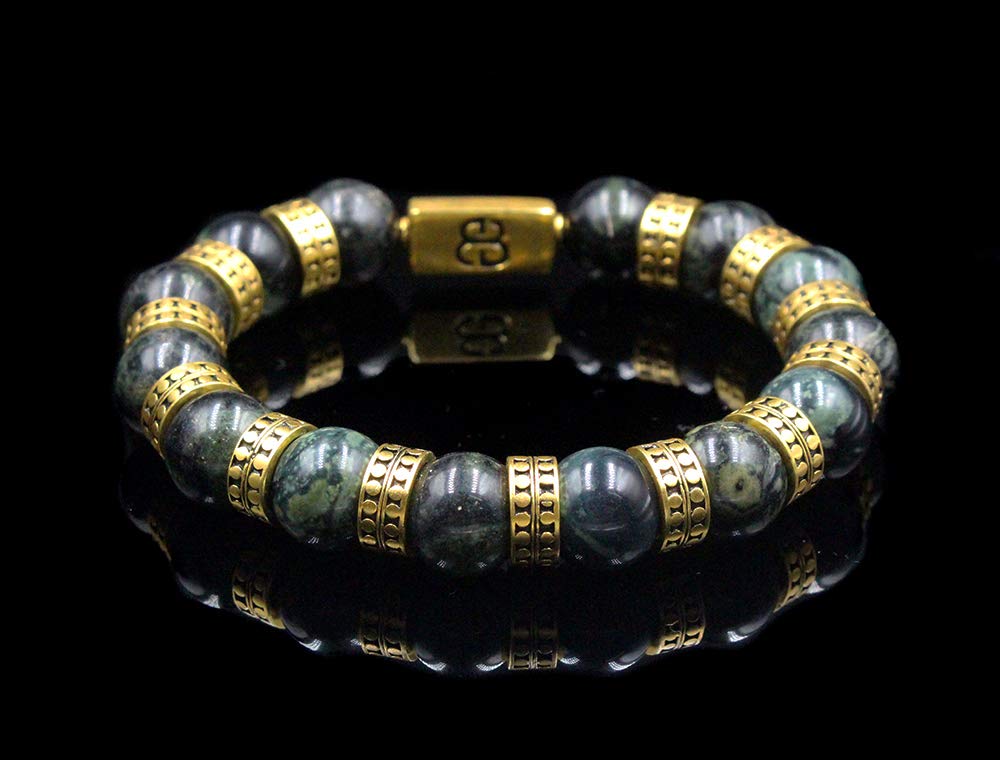 Premium Dark Green Nephrite Jade & Gold Beaded Bracelet for Men - 12mm High-Quality Beaded Jewelry - Perfect for Gifts, Meditation & Spiritual Healing