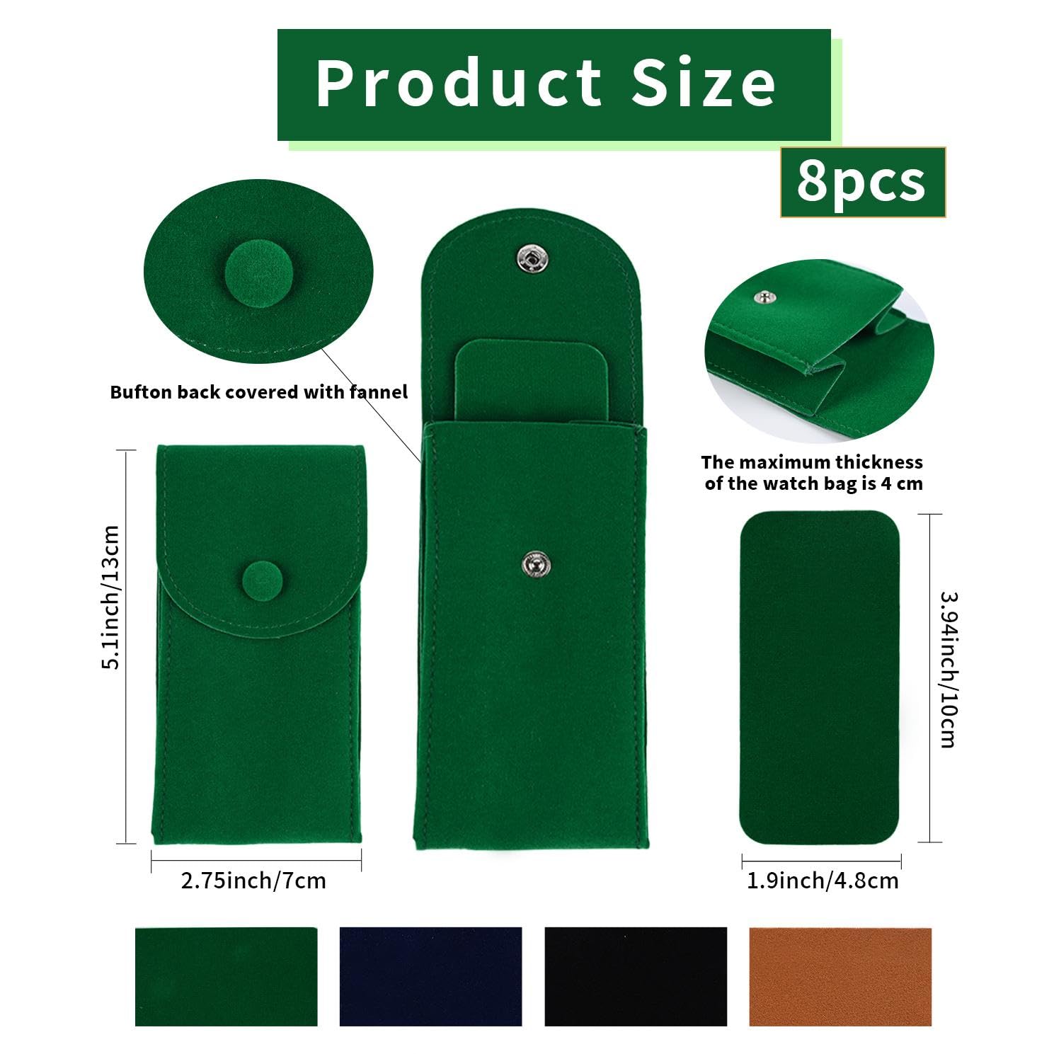 8 Pcs Velvet Watch Pouches - Portable Single Watch Travel Case & Storage Bag with Snap Button - Luxury Jewelry Organizer Gift for Men & Women (Green) - Perfect for Travel, Gifts & Watch Collection Storage