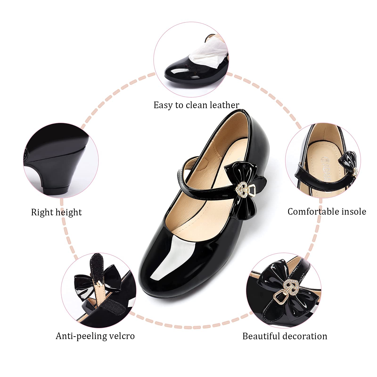 ADAMUMU Girls Low Heel Dress Shoes - PU Leather Wedding Party Shoes for Little & Big Kids - Perfect for Flower Girls, First Communion, and Special Occasions