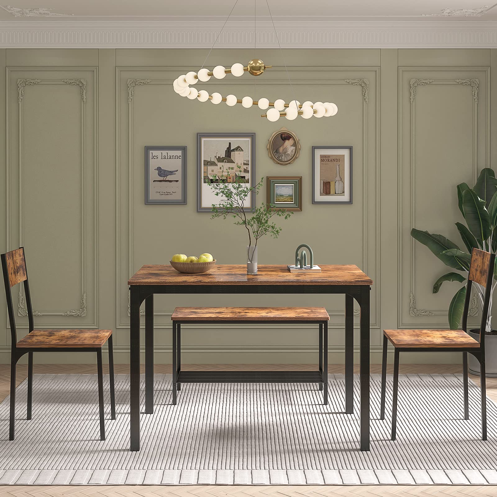 Soges 4-Piece Dining Table Set with 2 Chairs & Storage Bench - 43.3 Inch Rustic Brown Kitchen Table for 4 - Space-Saving Nesting Furniture for Dining Room, Kitchen, Restaurant & Small Apartments - Perfect for Family Meals, Entertaining Guests & Compact Living Spaces
