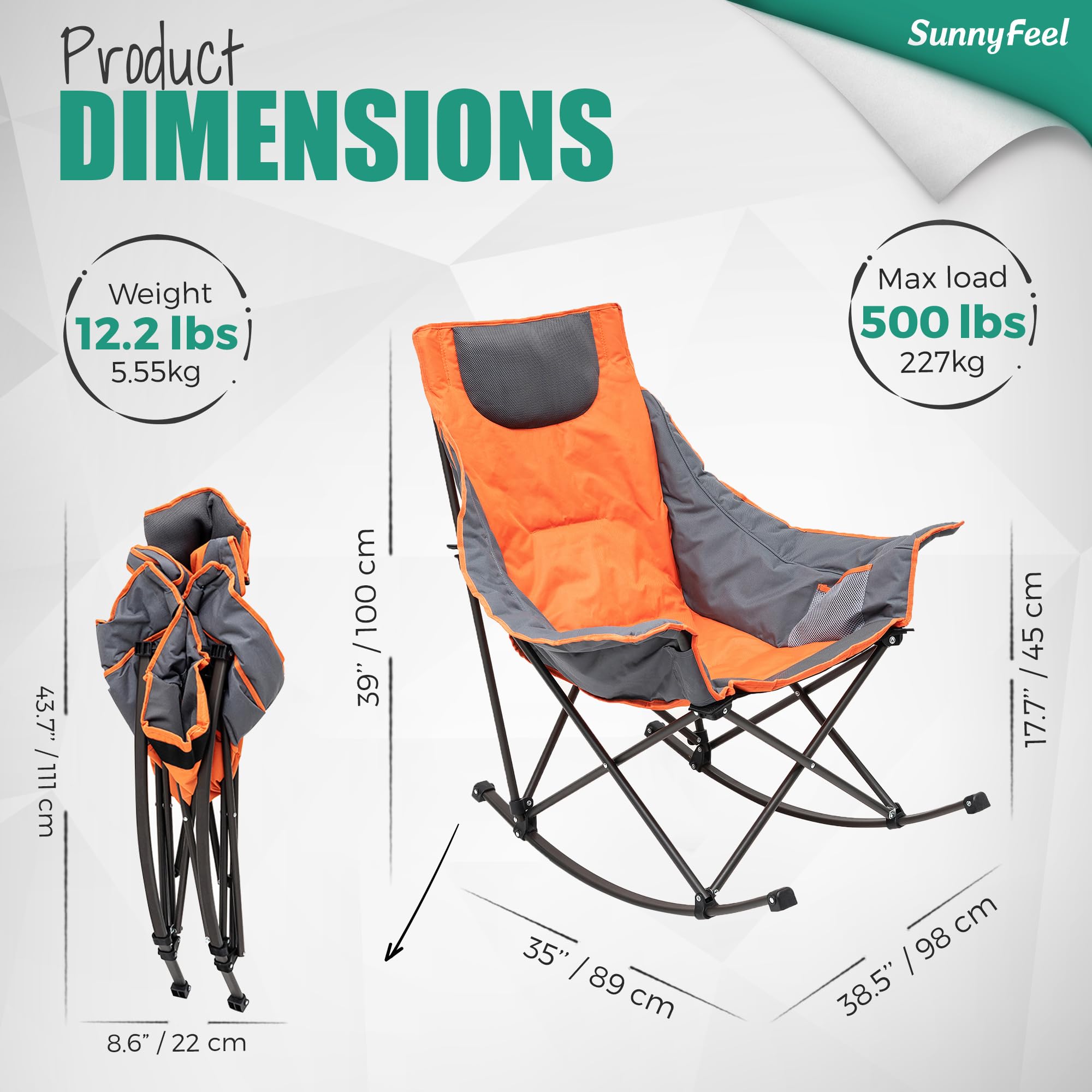 Premium SUNNYFEEL Rocking Camping Chair - Heavy Duty Oversized Folding Recliner with Padded Seat & Storage Pocket - Portable Outdoor Lounge Chair for Camping, Picnics, Beach, Patio & Backyard Relaxation - Includes Carry Bag