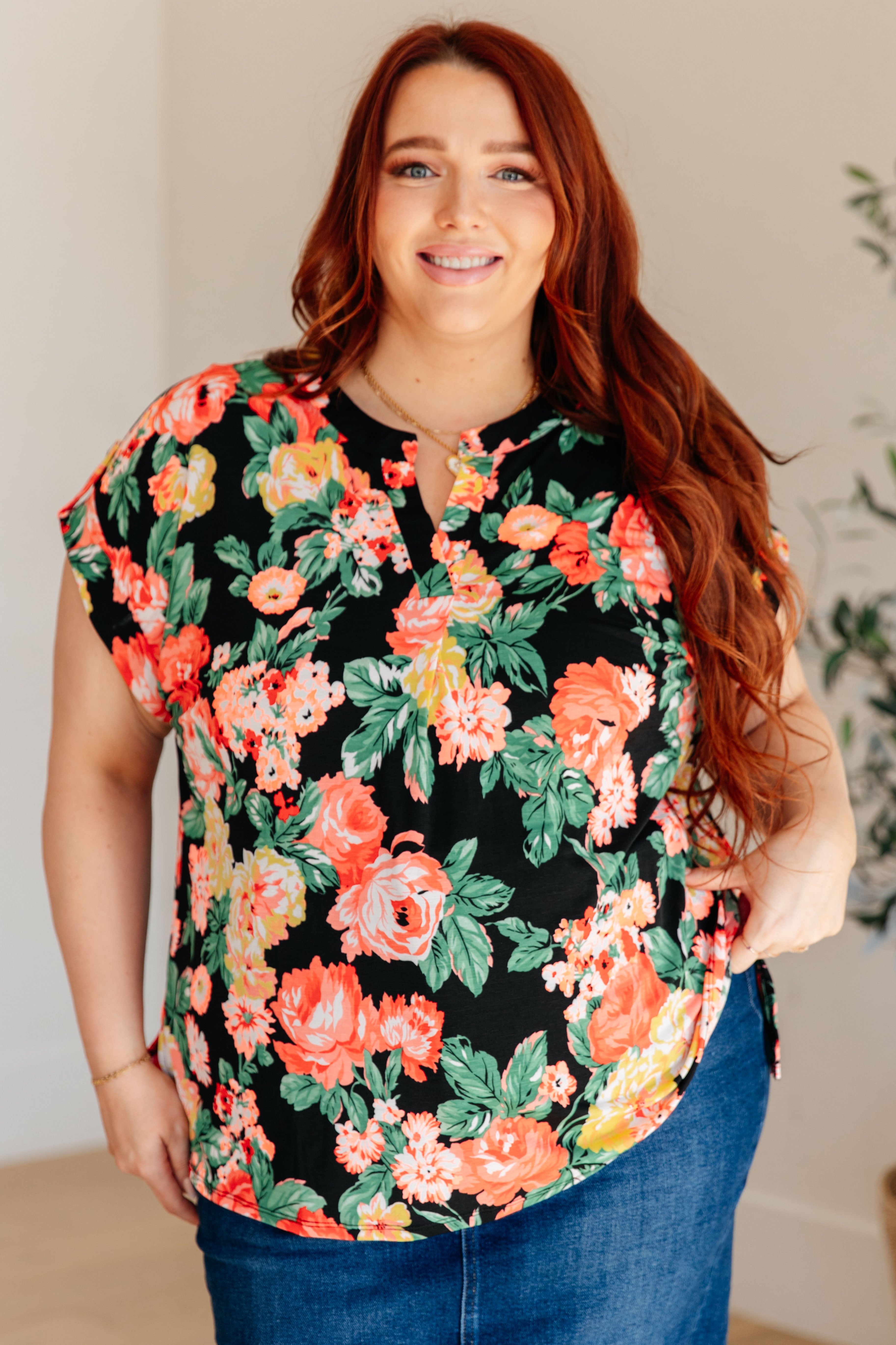 Lizzy Cap Sleeve Top - Black Garden Floral Print Women's Blouse | Perfect for Spring Outfits, Date Nights & Office Wear