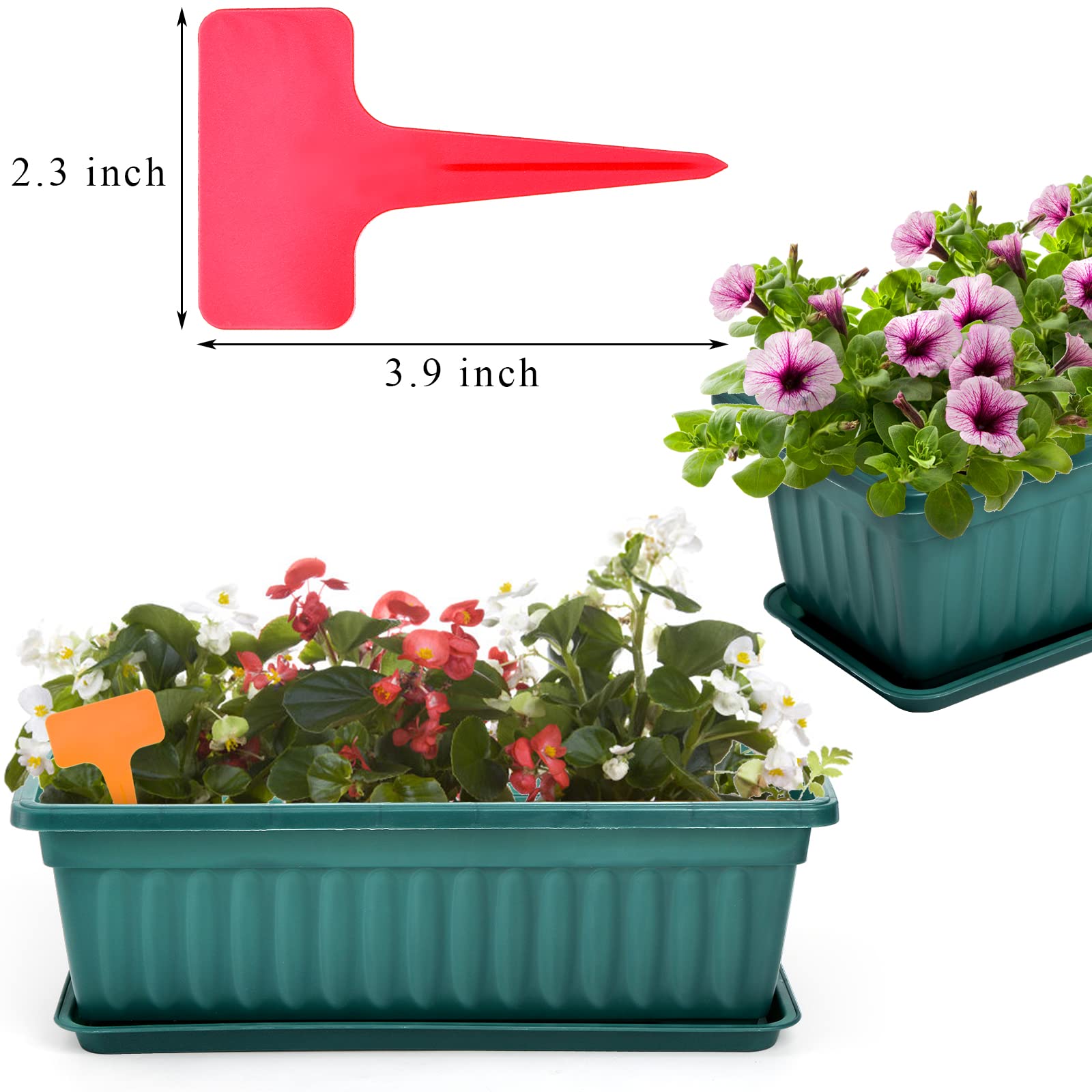 Fasmov 7 Pack 17 Inch Plastic Flower Window Box with Drainage Trays - Vegetable Planters & Garden Pots for Balcony, Patio, Indoor Herb Garden - Includes 7 Plant Labels for Easy Organization (Ideal for Growing Herbs, Vegetables, and Flowers)