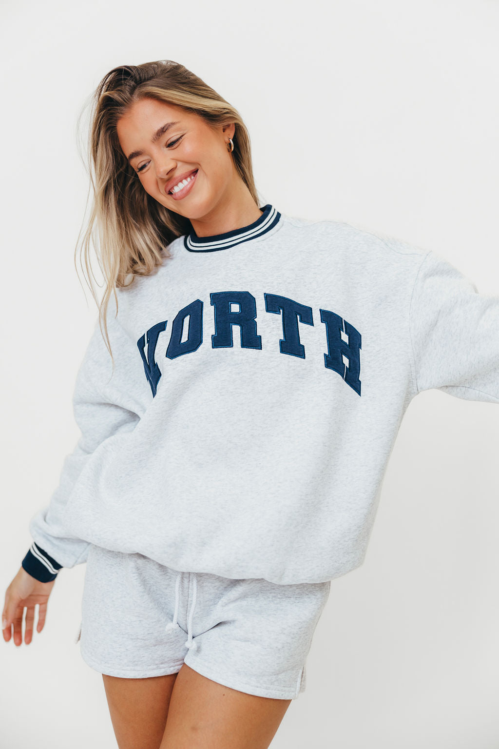 WORTH Preppy Embroidered Crewneck Sweatshirt for Women - Pearl Grey | Casual Pullover for College, Streetwear & Fall Fashion