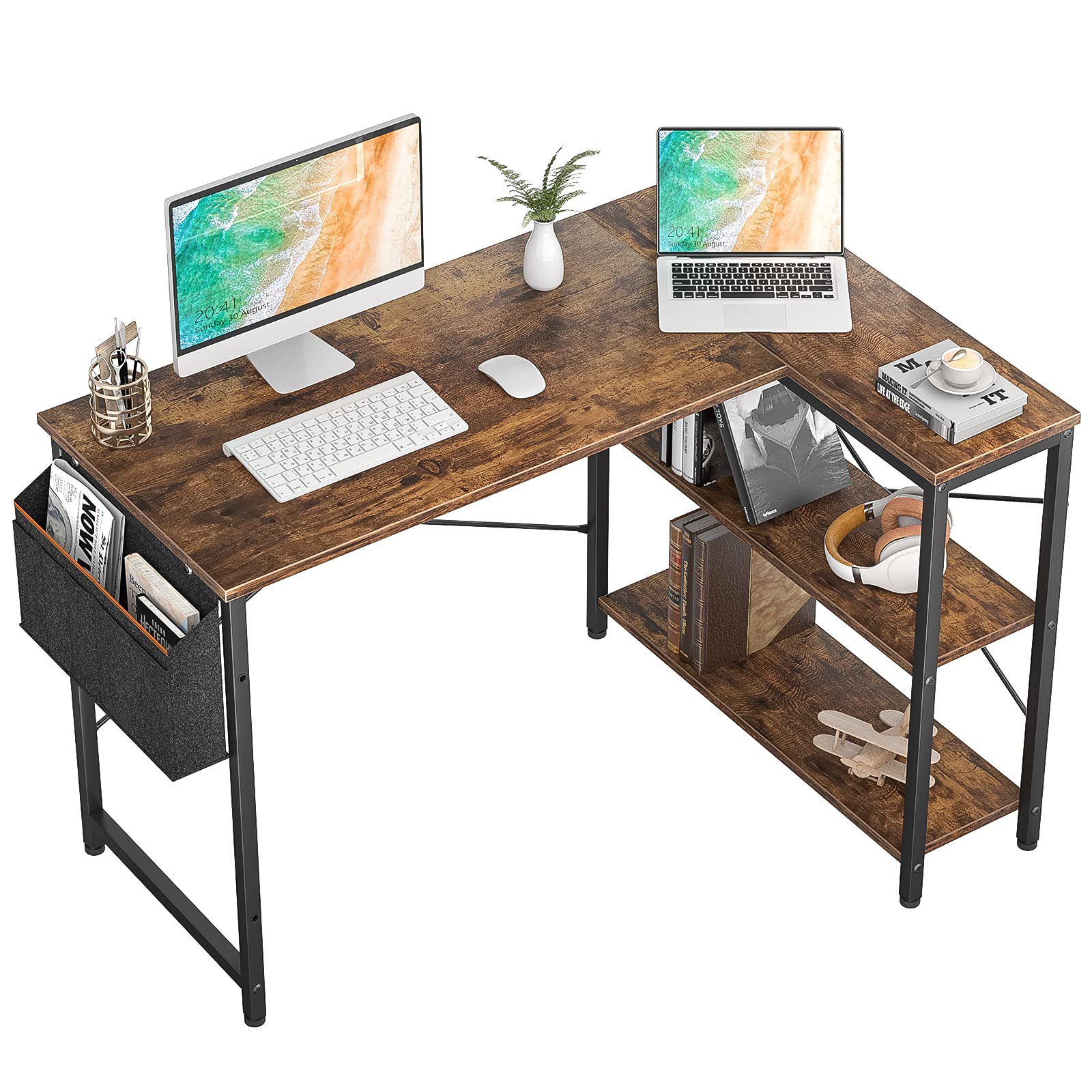 Homieasy 47 Inch L-Shaped Computer Desk with Reversible Storage Shelves - Modern Corner Workstation for Home Office, Rustic Brown Writing Table with Storage Bag | Perfect for Small Spaces, Gaming Setup & Remote Work