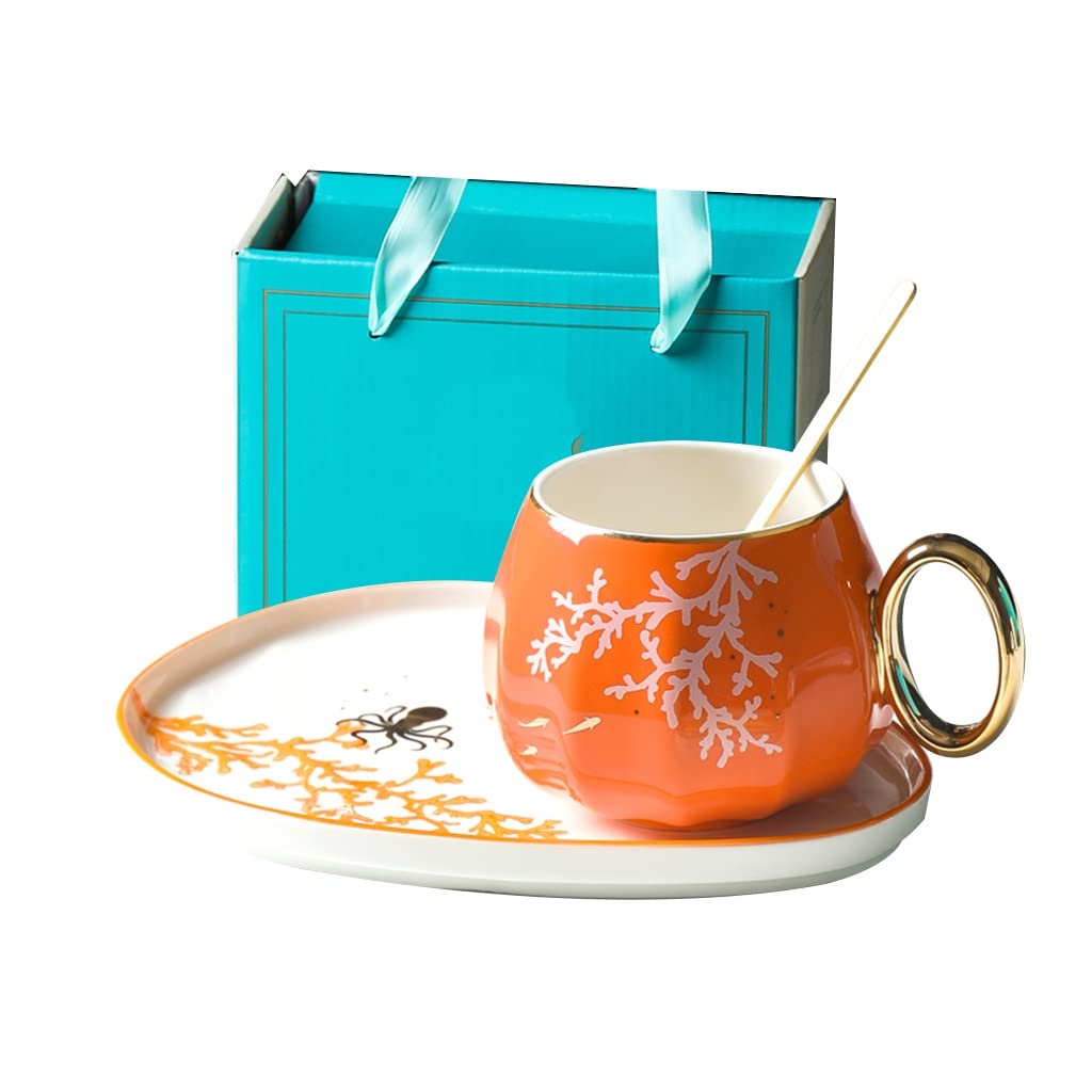 Vintage Ceramic Flower Tea Cup and Saucer Set with Gold Trim - 11.3oz Porcelain Coffee Cup Set, British Style Tea Cup, Espresso Mug - Perfect for Afternoon Tea, Coffee Break & Gift Giving (Orange)