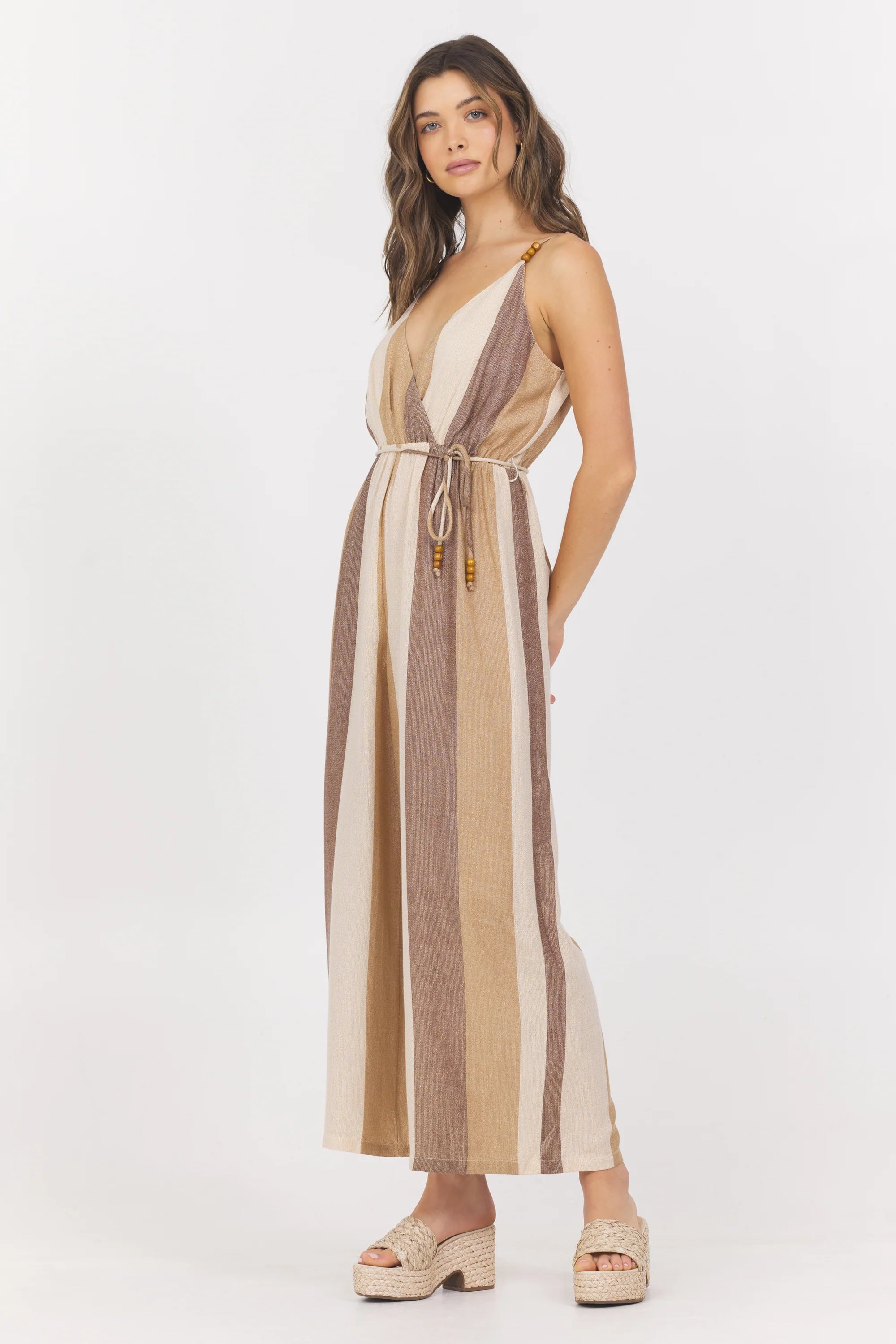 Vintage Havana Woven Metallic Jumpsuit in Cocoa Stripe - Elegant Party Outfit for Women, Perfect for Night Out, Cocktail Party & Special Occasions