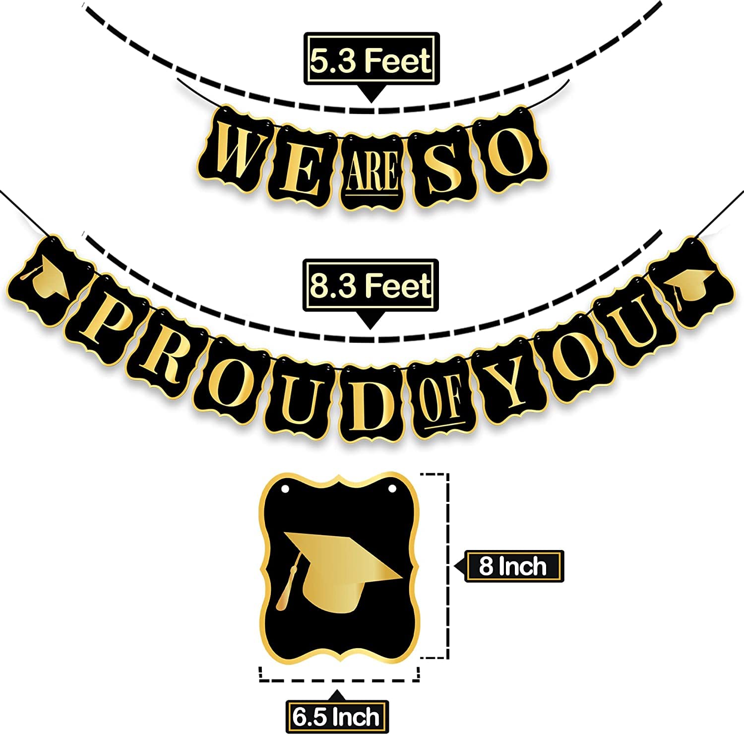 2025 Graduation Party Decorations Set - 34-Pack Black & Gold Grad Banner, Swirls & Pom Poms | 'We Are So Proud of You' Sign | Class of 2025 Celebration Supplies for High School & College Graduation Ceremony Decor