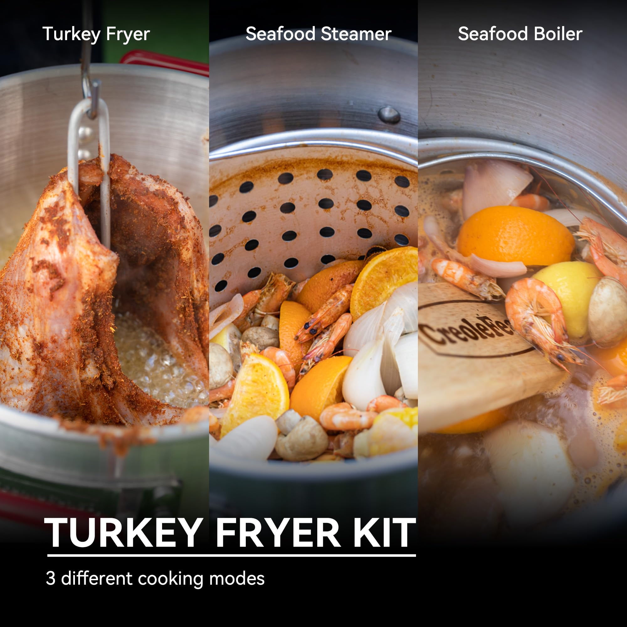 Creole Feast TFP1030 30 Quart Turkey Fryer & 10 Quart Fish Fryer Kit with 50,000 BTU Propane Burner – Outdoor Deep Fryer & Seafood Boiler Steamer for Backyard Cooking, Camping, Tailgating – Silver & Black