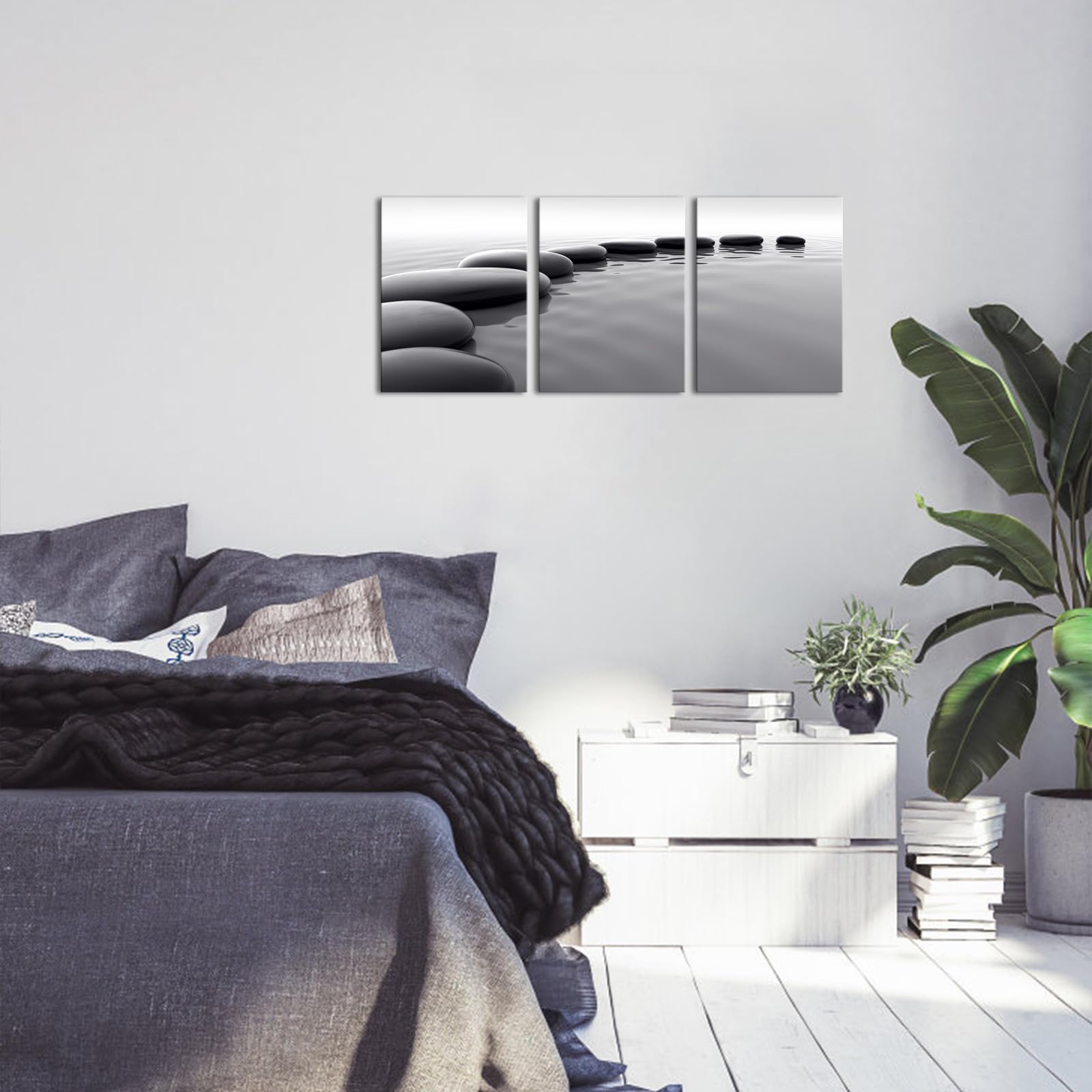 HomeoArt Black and White Zen Stone Canvas Wall Art - Framed Ready to Hang for Bathroom, Spa, Living Room, Bedroom & Office Decor | Modern Meditation Wall Hanging for Relaxation Spaces