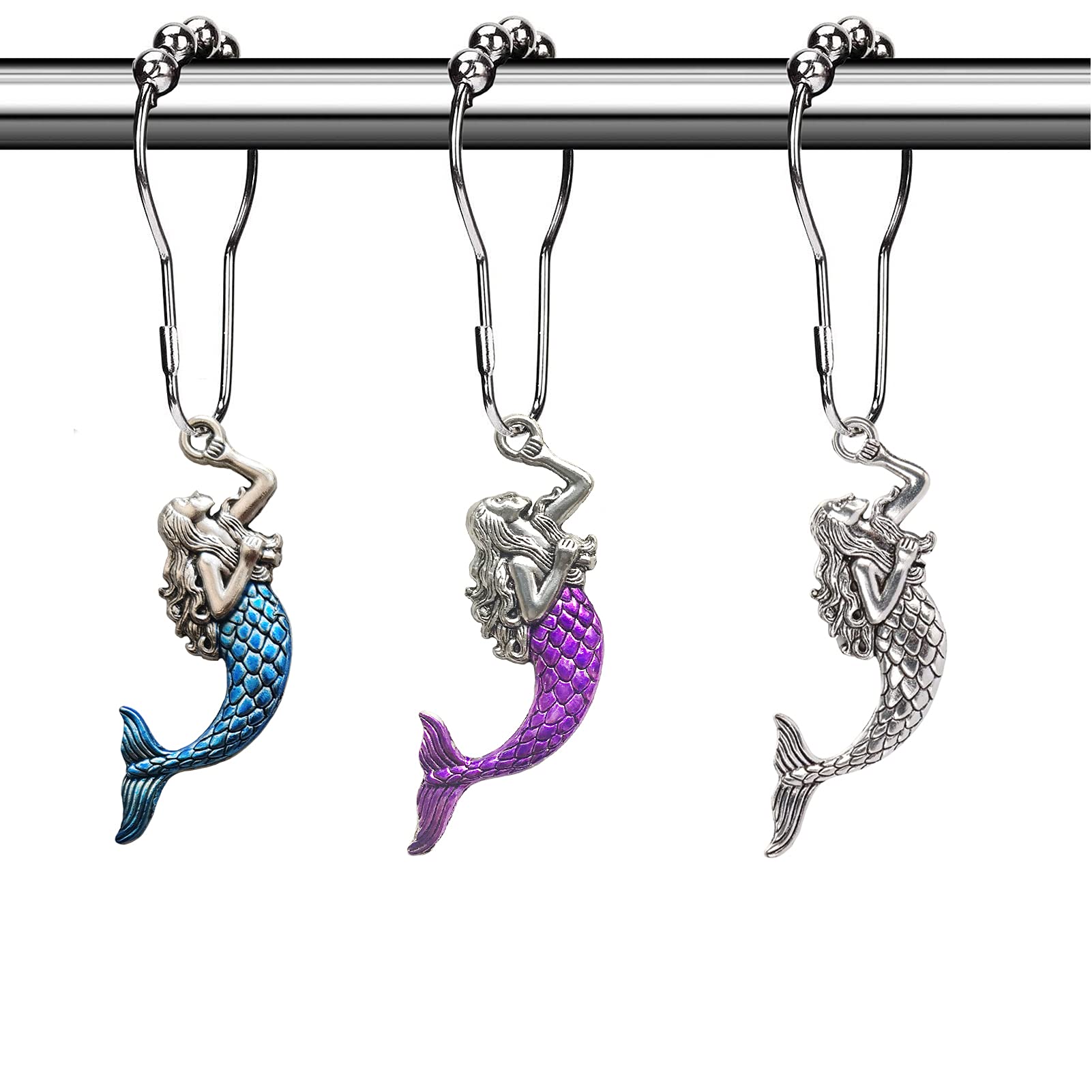 Rust-Proof Silver Metal Sea Mermaid Shower Curtain Hooks & Rings - 12PCS Ocean-Themed Bathroom Decor for Beach Style Showers | Waterproof Durable Shower Accessories for Coastal, Nautical & Mermaid Bathroom Designs