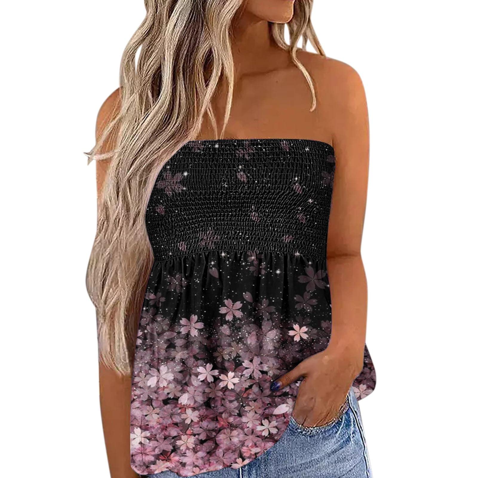 Women's Summer Strapless Sleeveless Flowy Pleated Tube Top - Bandeau Tank Top for Beach, Party & Casual Wear | MtsDJSKF