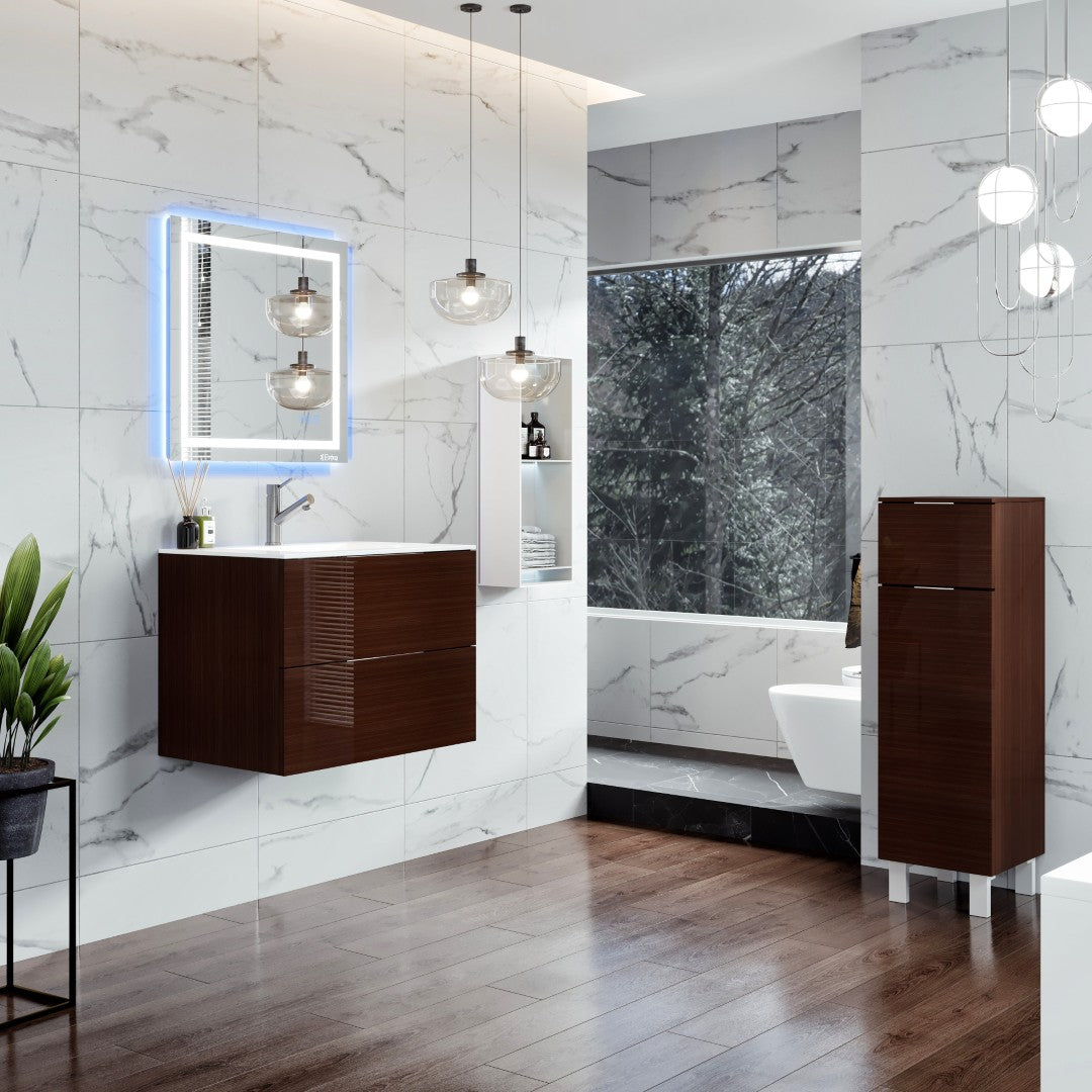 Galsaky 28 Inch Modern Wenge Wall Mount Bathroom Vanity with Porcelain Top & Integrated Sink - Space Saving Single Sink Cabinet for Small Bathrooms, Powder Rooms & Apartments