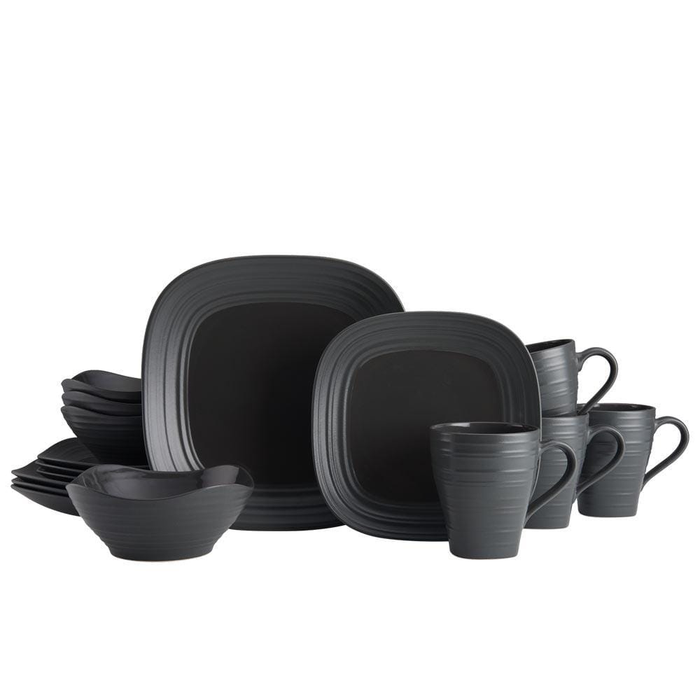Premium 16-Piece Swirl Graphite Square Dinnerware Set - Service for 4 | Modern Stoneware Plates, Bowls & Mugs | Perfect for Everyday Dining, Dinner Parties & Gift Giving