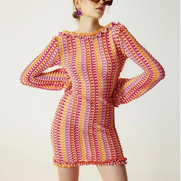 Women's Backless Knitted Beach Dress - Hollow Out Mini Boho Cover Up Dress with Long Sleeves for Summer | Elegant & Colorful Bikini Cover Up | Perfect for Beach Vacations, Pool Parties & Tropical Getaways 2024