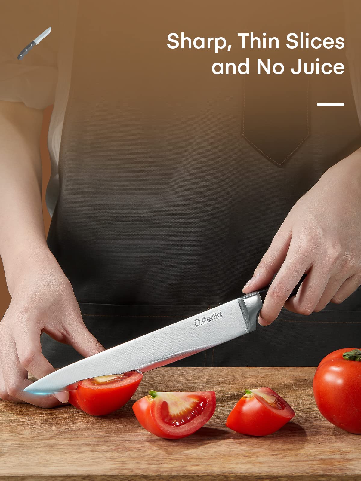 D.Perlla 6-Piece German Stainless Steel Kitchen Knife Set with Wooden Block - Razor Sharp Chef Knives for Slicing, Dicing & Food Prep - Perfect for Home Cooking & Professional Kitchens