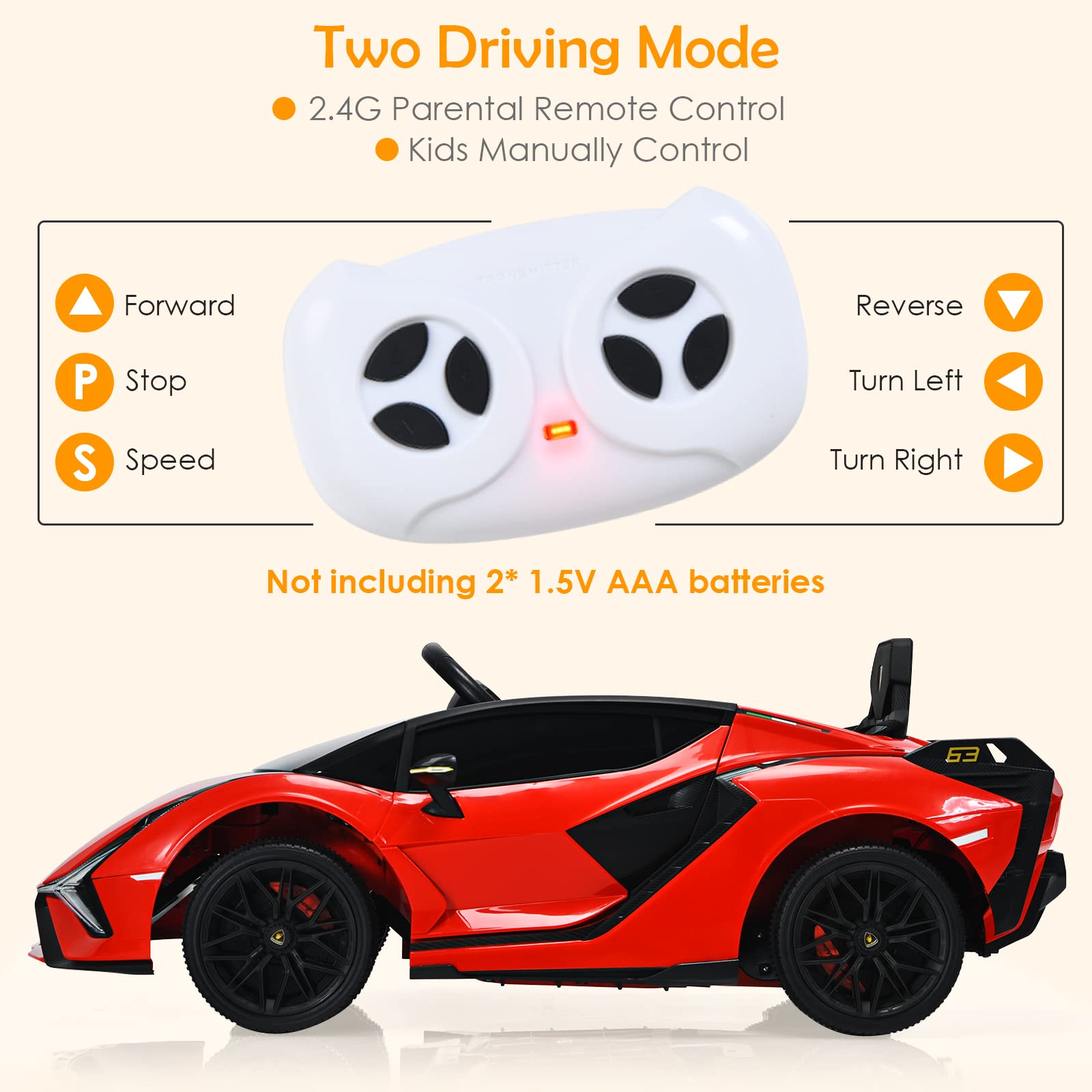 OLAKIDS Licensed Lamborghini SIAN 12V Electric Ride On Car for Kids - Remote Control, Battery Powered Toy with Music, Horn, 2 Speeds, Suspension & LED Lights - Perfect Birthday Gift for Toddlers (Red) | Indoor & Outdoor Play, Backyard Fun, Preschool Learning Toy
