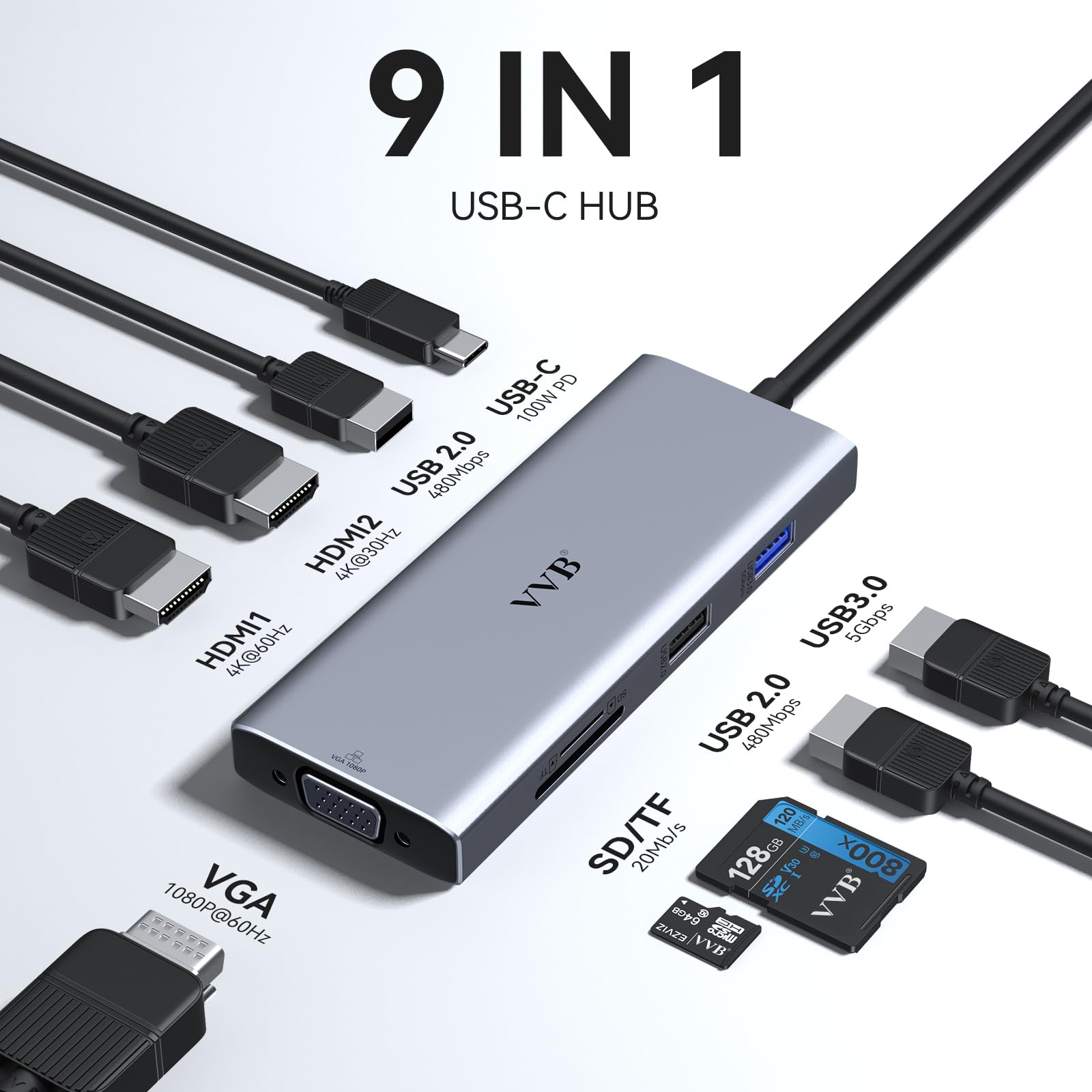 USB C Docking Station Dual Monitor HDMI Adapter for Dell HP Lenovo Laptops - 4K HDMI/VGA, 100W PD Charging, 3 USB Ports, SD/TF Card Reader - Perfect for Home Office & Multi-Screen Workstations