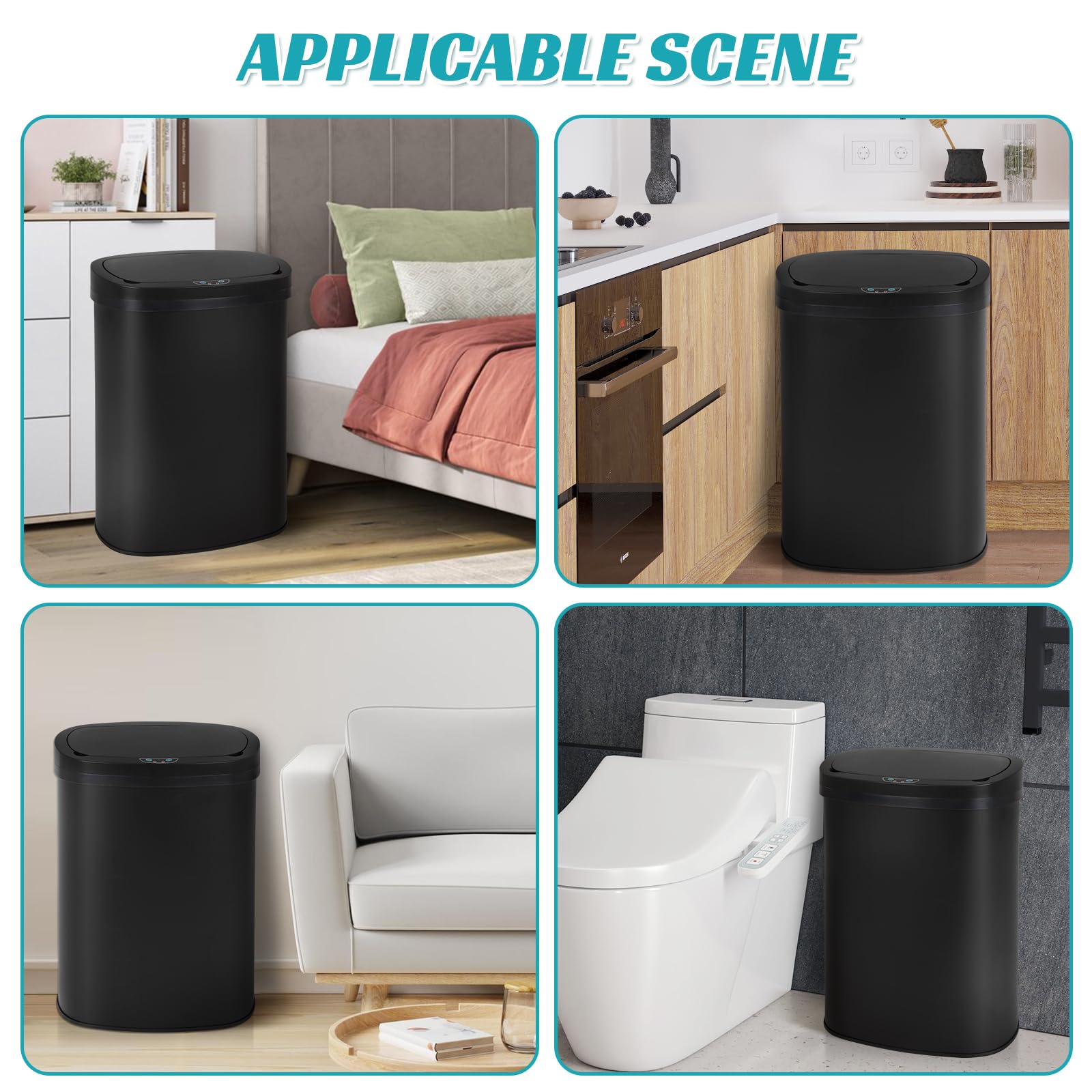13 Gallon Automatic Touchless Stainless Steel Trash Can with Lid - 50L Durable Kitchen Garbage Bin for Home, Office, Living Room & Bedroom - Perfect for Hands-Free Waste Disposal in Modern Spaces (Black)