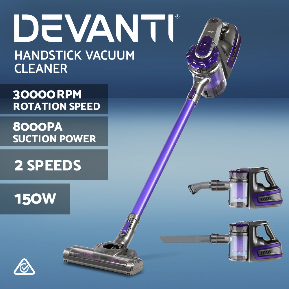 Devanti 150W Cordless Stick Vacuum Cleaner - Lightweight, Bagless, Purple | Perfect for Hard Floors, Carpets & Pet Hair Cleaning