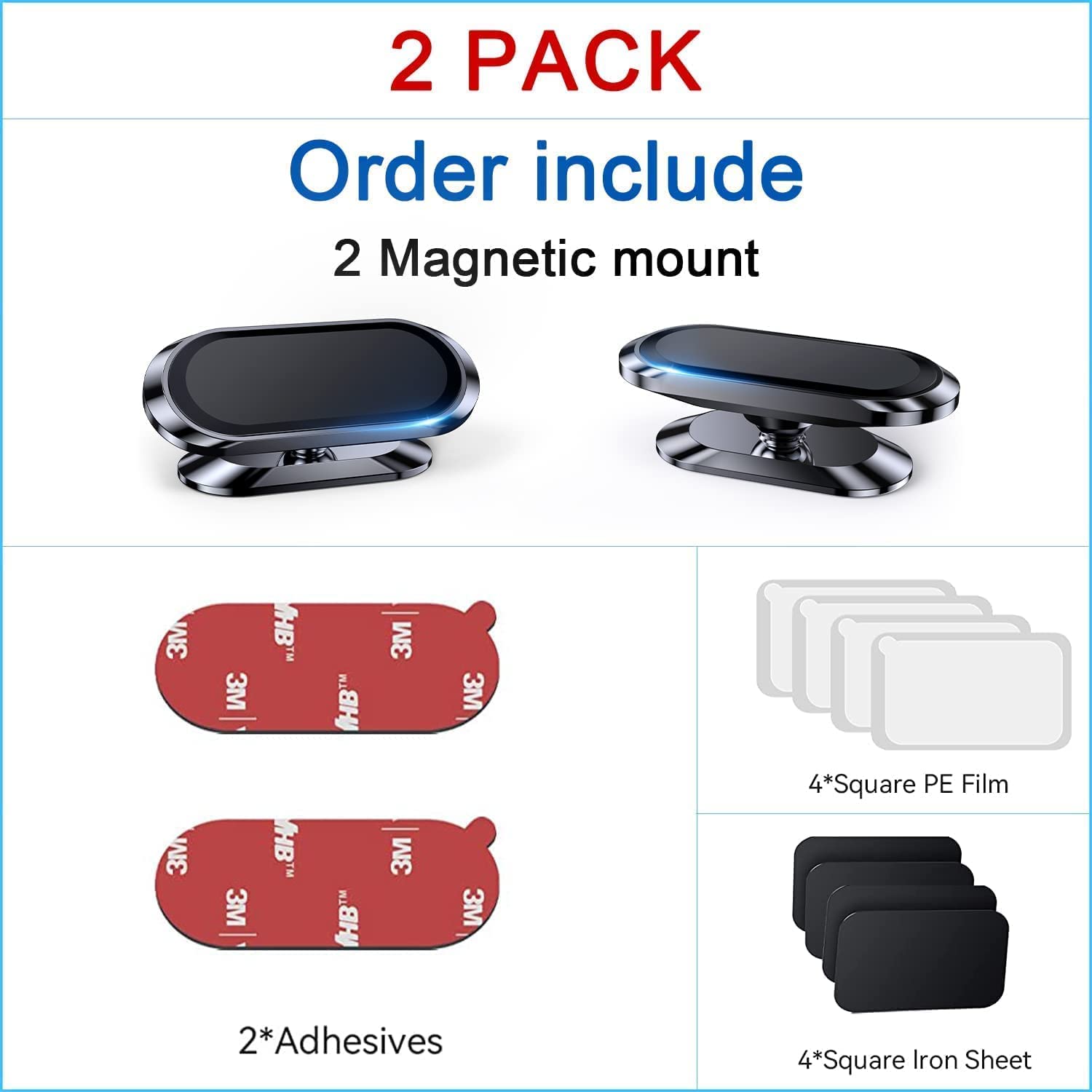 2-Pack Super Strong Magnetic Phone Holder for Car - 360° Rotating Universal Dashboard Mount with 4 Metal Plates | Compatible with iPhone & Smartphones | Perfect for Commuting, Road Trips & Hands-Free Navigation