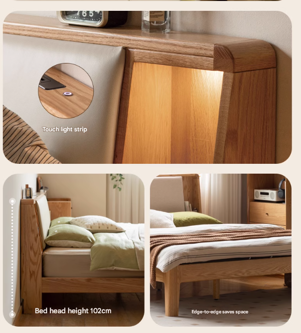 Solid Oak Wood Leather & Fabric Luminous Bed with Shelf - Modern Platform Bed Frame with Storage for Bedroom, Guest Room, or Dorm
