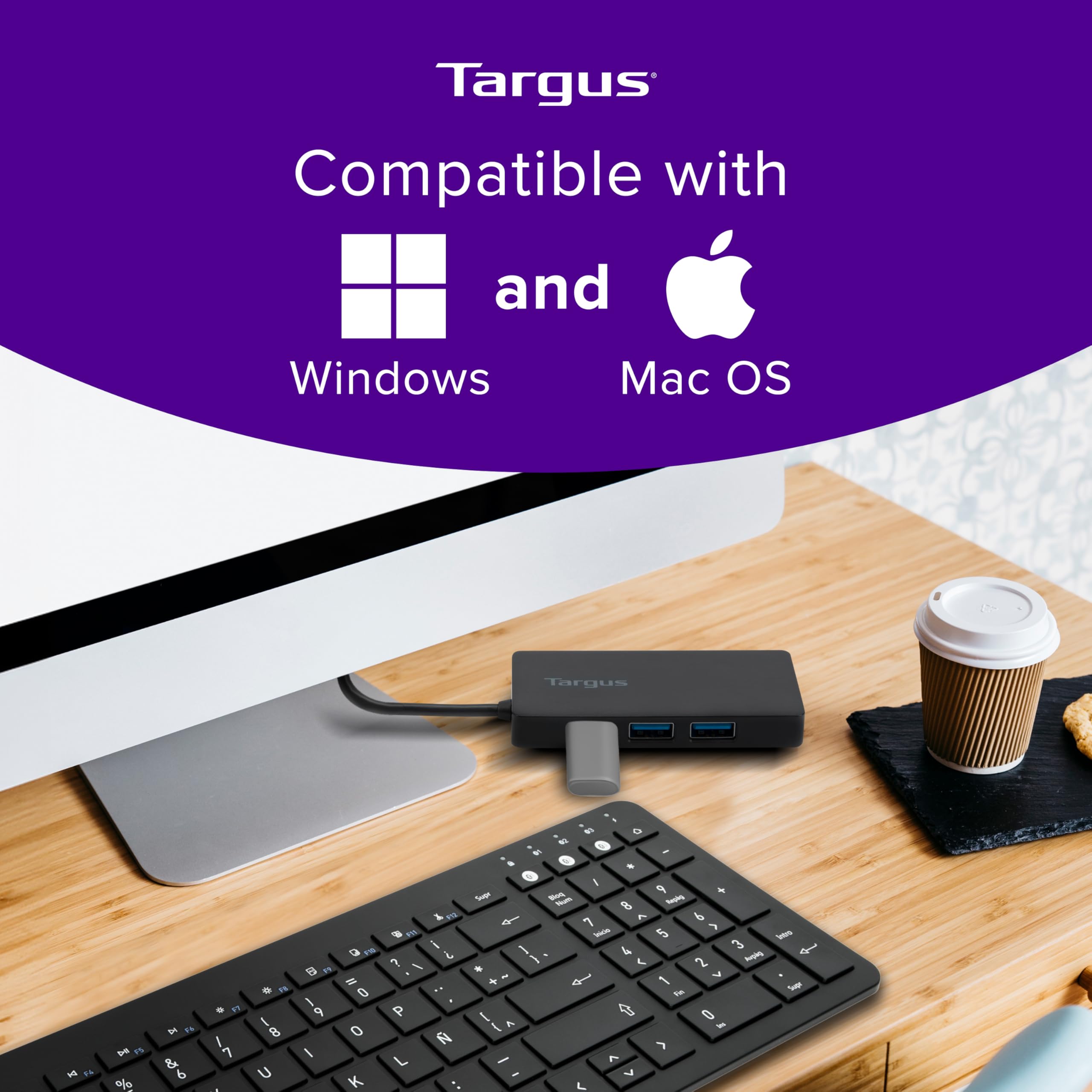 Targus 4-Port USB 3.0 Hub with 5Gbps Data Transfer - Compact USB Splitter for Laptop, PC, Mac - Black (ACH124US) - Perfect for Home Office, Gaming & Multi-Device Setup