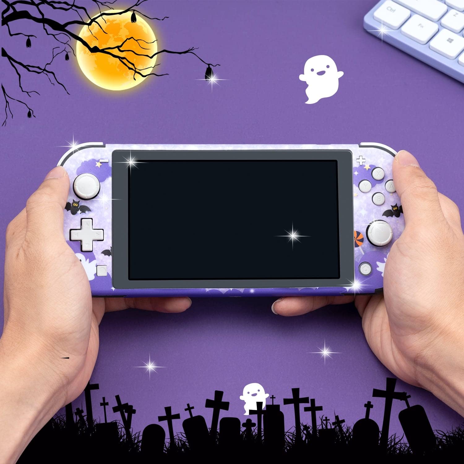 BelugaDesign Ghost Switch Skin - Halloween Spooky Cute Anime Cartoon Pastel Vinyl Decal for Nintendo Switch & Switch Lite | Kawaii Gothic Japanese Style Sticker Wrap | Perfect for Girls, Kids & Anime Fans | Great for Gaming, Halloween Decor & Kawaii Aesthetic Room Decoration (Purple)