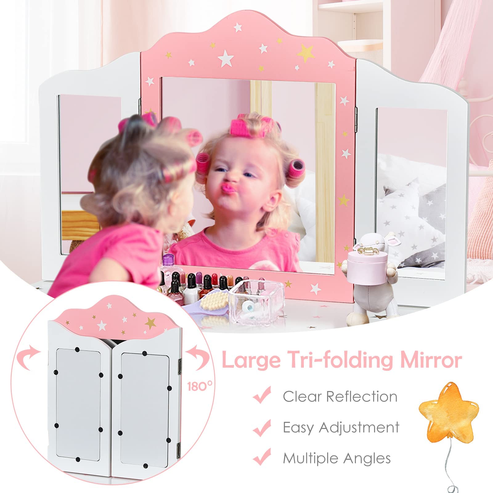 HONEY JOY Kids Vanity Set - Wooden Princess Makeup Dressing Table with Stool, Drawer & Tri-Folding Mirror | Detachable Top for Easy Storage | Pretend Play Toy for Little Girls (White) | Perfect for Bedroom, Playroom & Birthday Gifts