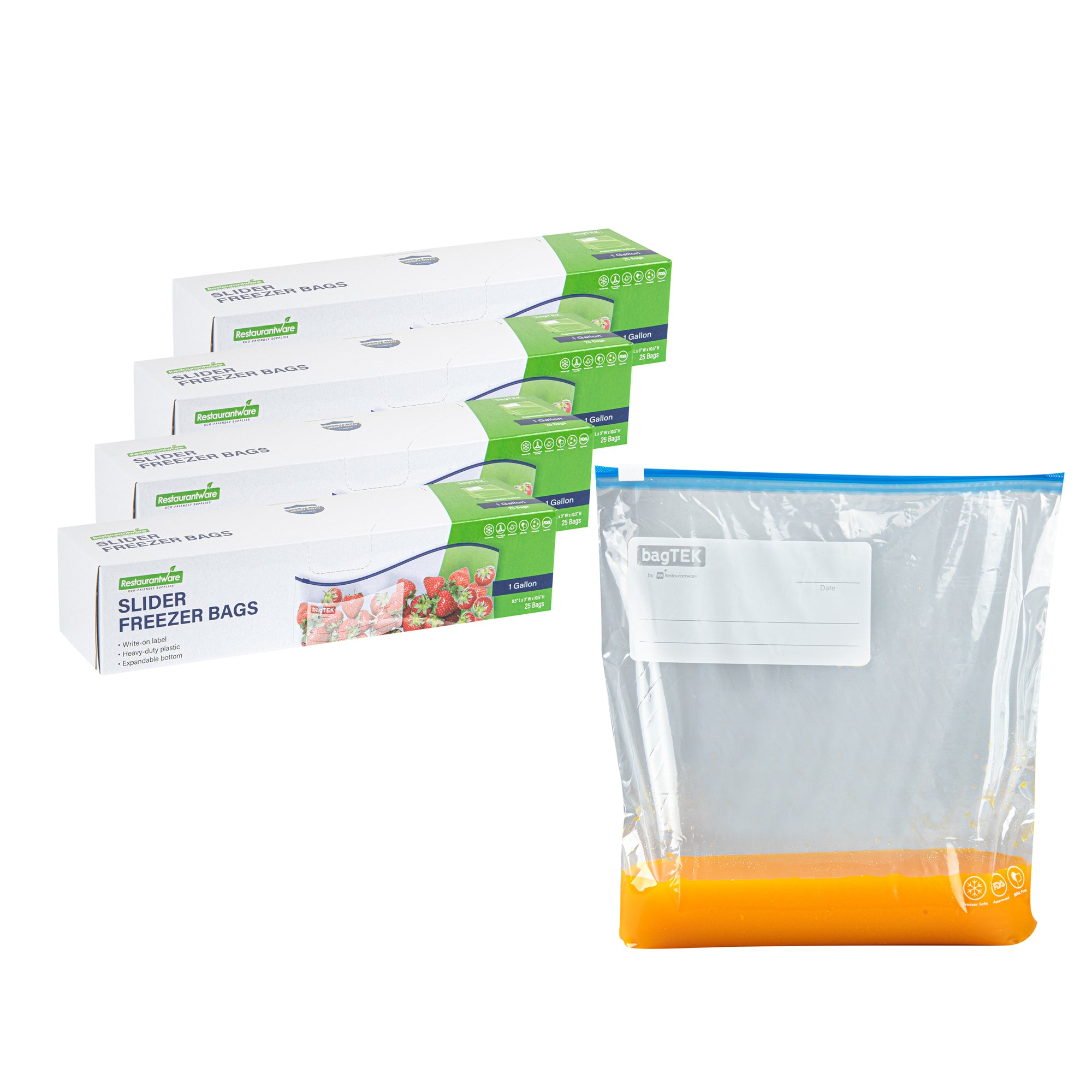 BPA-Free 1 Gallon Clear Plastic Freezer Bags with Slider Seal & Expandable Bottom - 25 Count Box (9.5