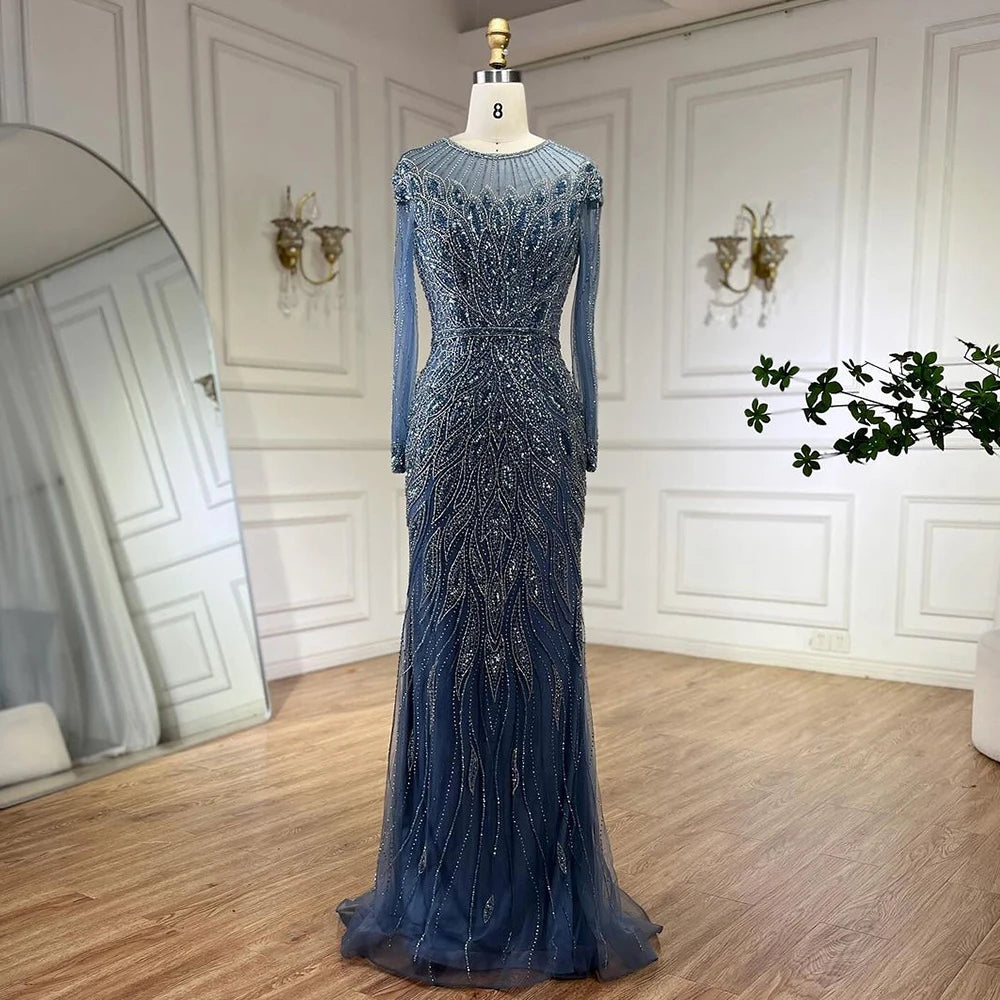 Serene Hill Muslim Blue Mermaid Luxury Beaded Dubai Long Evening Dresses for Women - Elegant Wedding Party Gowns 2025 LA71999L | Perfect for Formal Events, Red Carpet & Special Occasions