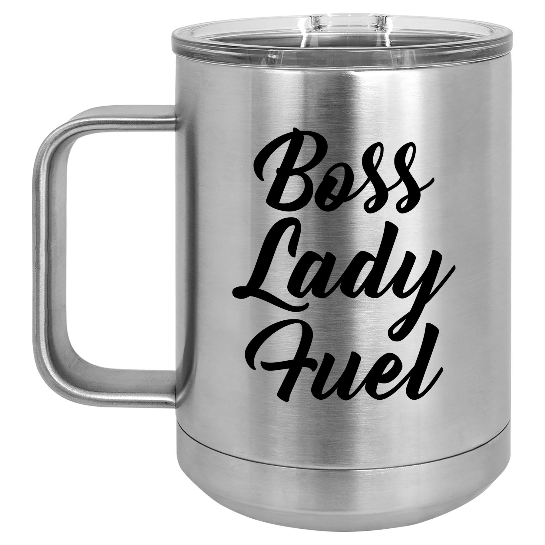 15 oz Vacuum Insulated Stainless Steel Tumbler with Handle & Lid - Leakproof Travel Coffee Mug for Women, Boss Lady Fuel (Silver) | Perfect for Office, Commuting & Outdoor Adventures