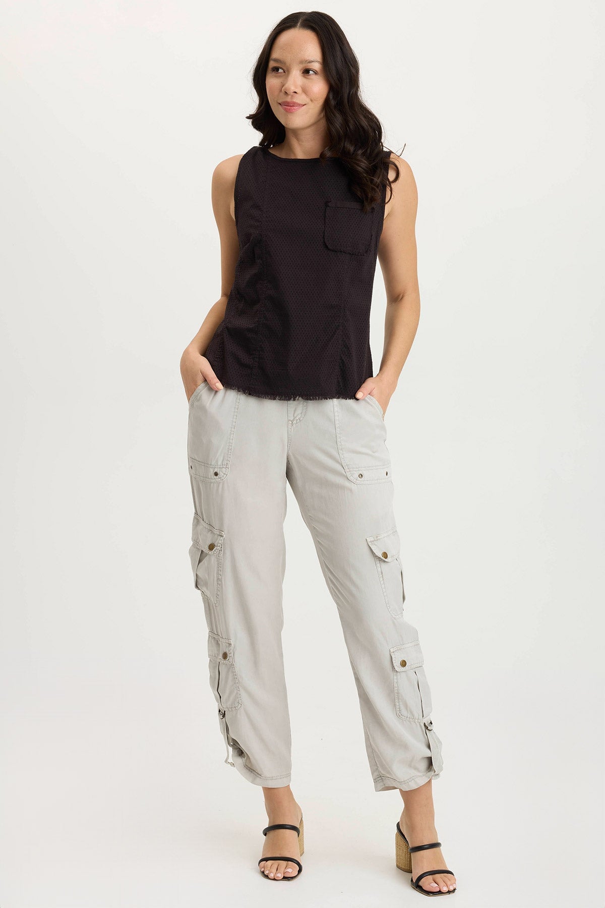 Landis Perforated Poplin & Jersey Pocket Tank Top - Breathable Summer Casual Shirt for Women | Perfect for Beach, Travel, and Everyday Wear