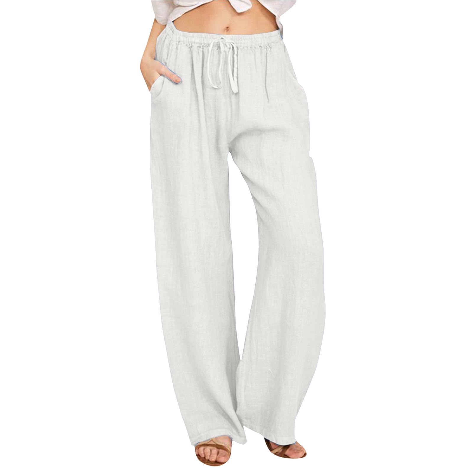 Women's Wide Leg Linen Pants with Drawstring Waist - Comfortable Elastic Casual Cotton Sweatpants for Work, Lounge & Travel