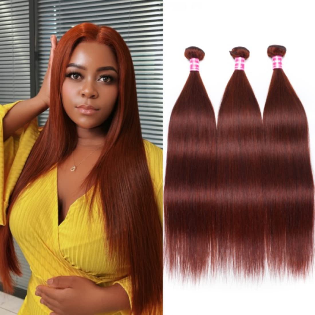 Brazilian Virgin Remy Human Hair Weaves - #33B Reddish Brown Straight Hair Bundles (8/10/12 Inch) 3-Pack for Women Sew-In Extensions | Natural Look for Daily Wear & Special Occasions