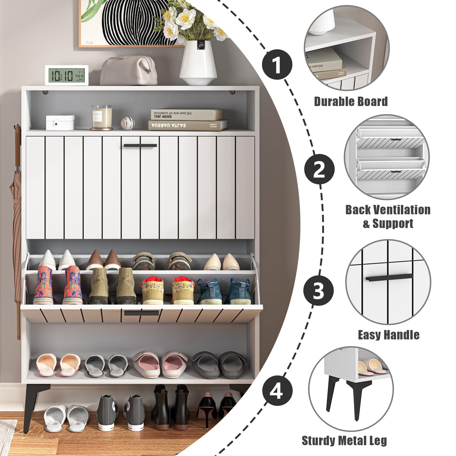 2-Tier Flip-Drawer Shoe Cabinet with 4 Open Shelves - Freestanding Narrow Shoe Organizer Rack for Entryway & Hallway - Perfect for Small Spaces, Apartment Living & Closet Storage