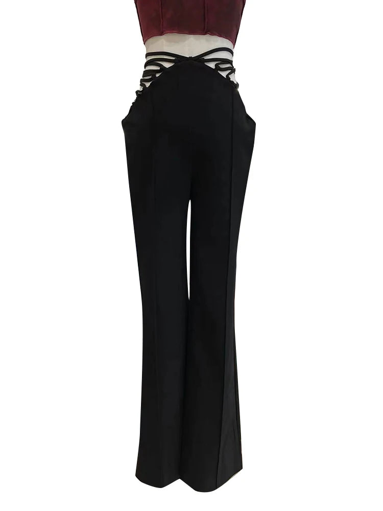 Black High Waist Bandage Wide Leg Pants for Women - Minimalist Solid Cut Out Trousers | Spring Fashion Staple for Office Wear & Casual Outings