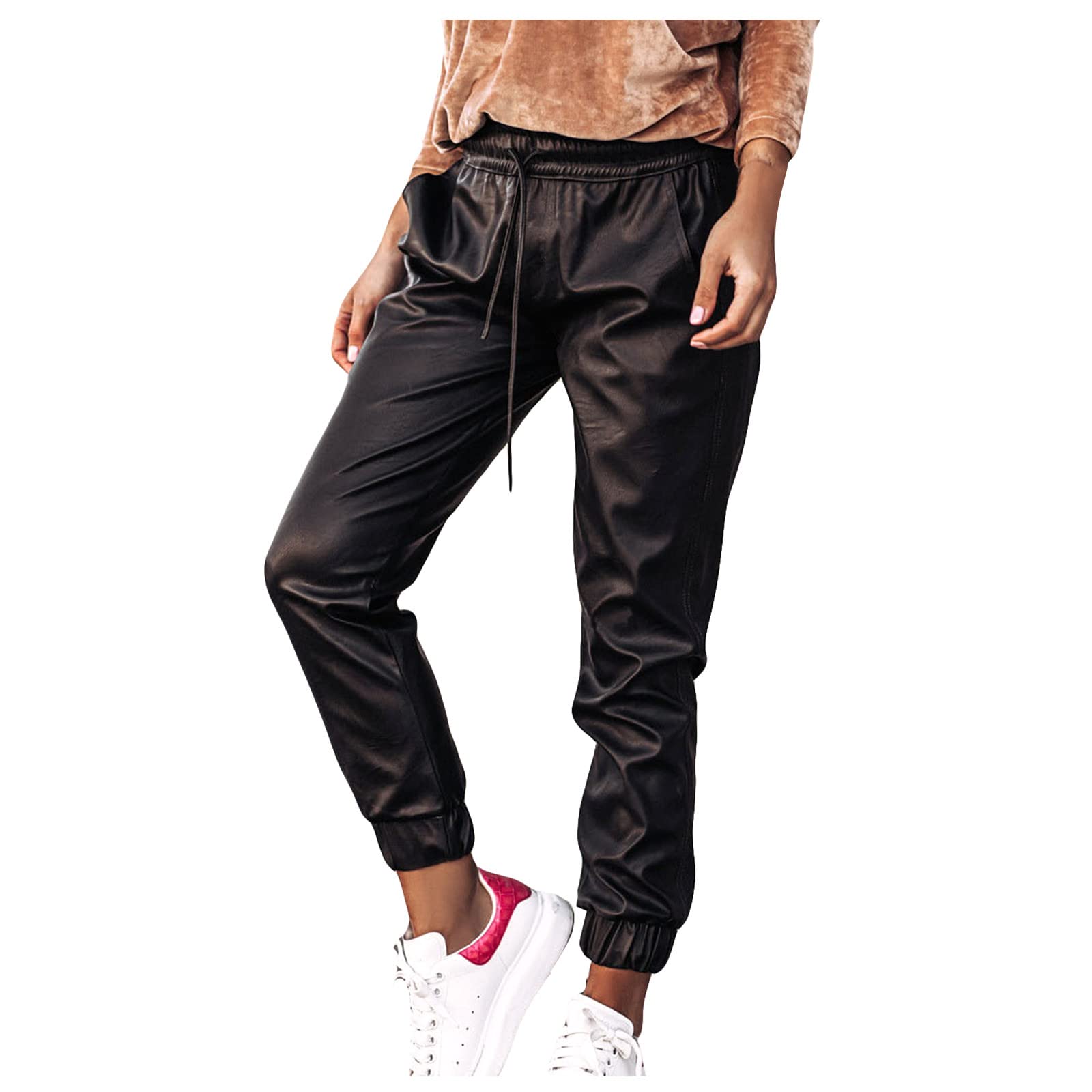 Women's Leather Pants High Waist Stretch with Pockets - Casual Straight Leg Trousers for Work & Outings
