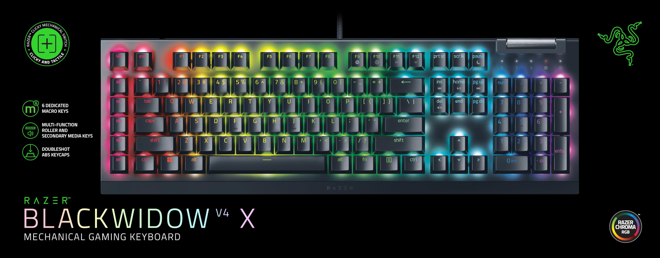 Razer BlackWidow V4 X Mechanical Gaming Keyboard - Green Switch (Clicky) with Chroma RGB Backlighting | 6 Dedicated Macro Keys, Doubleshot ABS Keycaps | UK Layout | Perfect for Competitive Gaming & Esports Tournaments