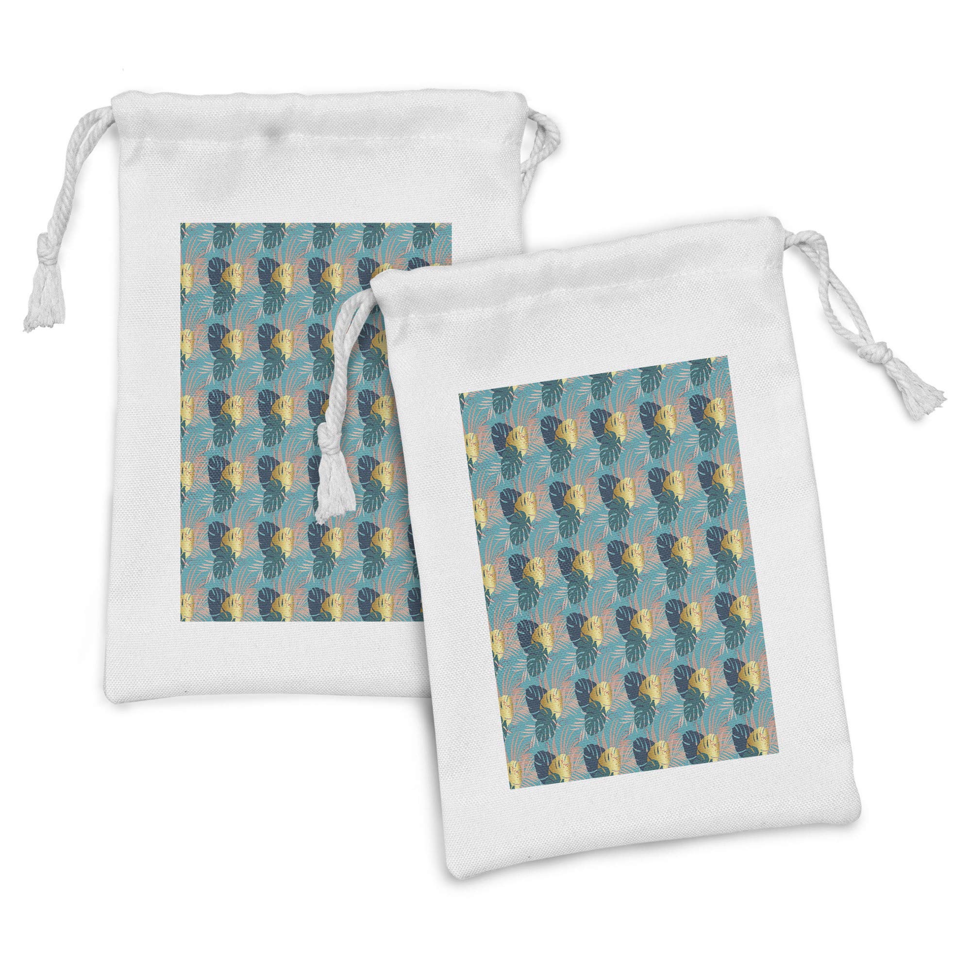Ambesonne Jungle Foliage Fabric Pouch Set of 2 | Tropical Hawaiian Leaves & Grunge Print Drawstring Bags | 9