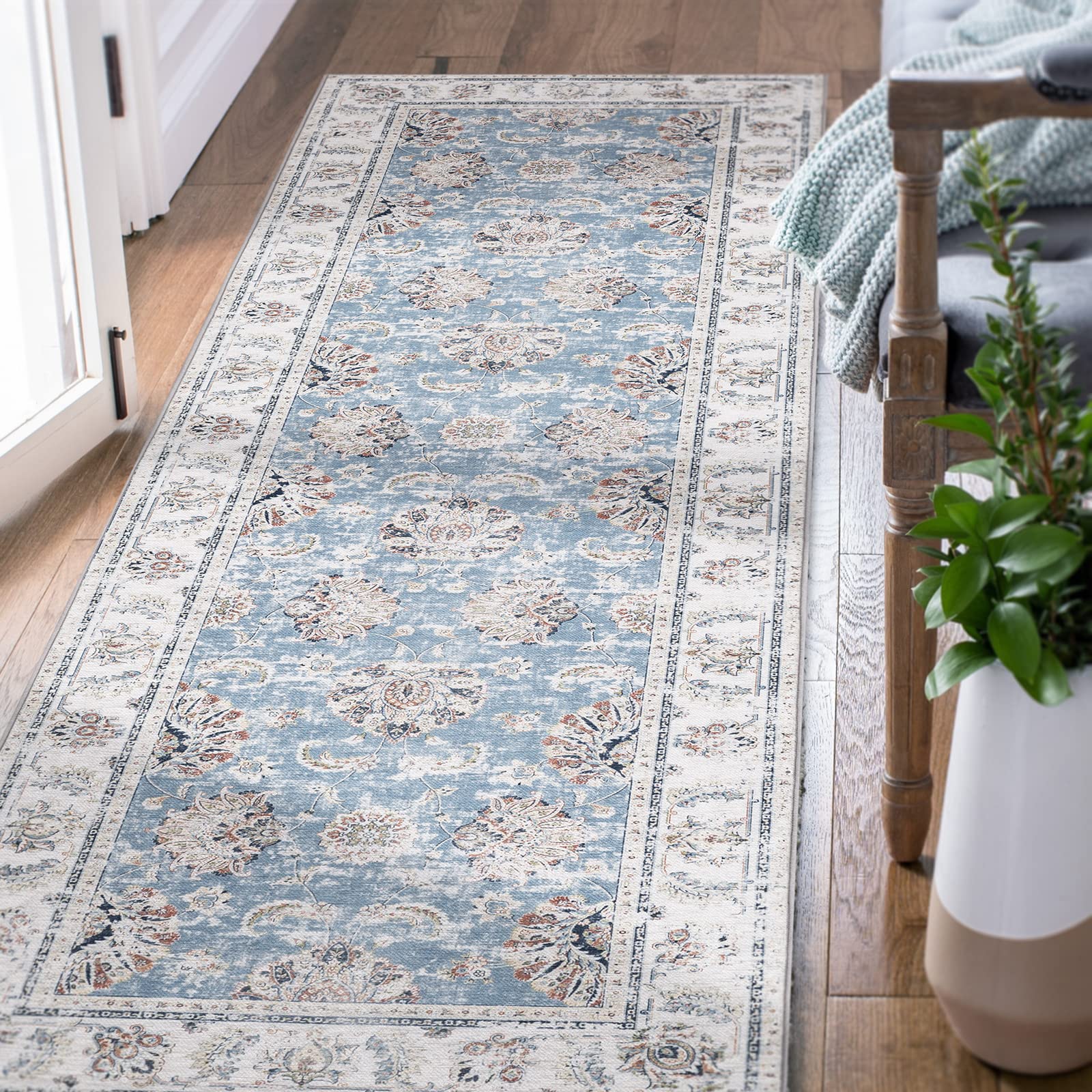 JINCHAN 2x5 Blue Persian Vintage Runner Rug - Floral Print Thin Foldable Area Rug for Kitchen, Hallway, Bathroom, Living Room, Bedroom & Office - Farmhouse Decor & Home Accent Floor Mat
