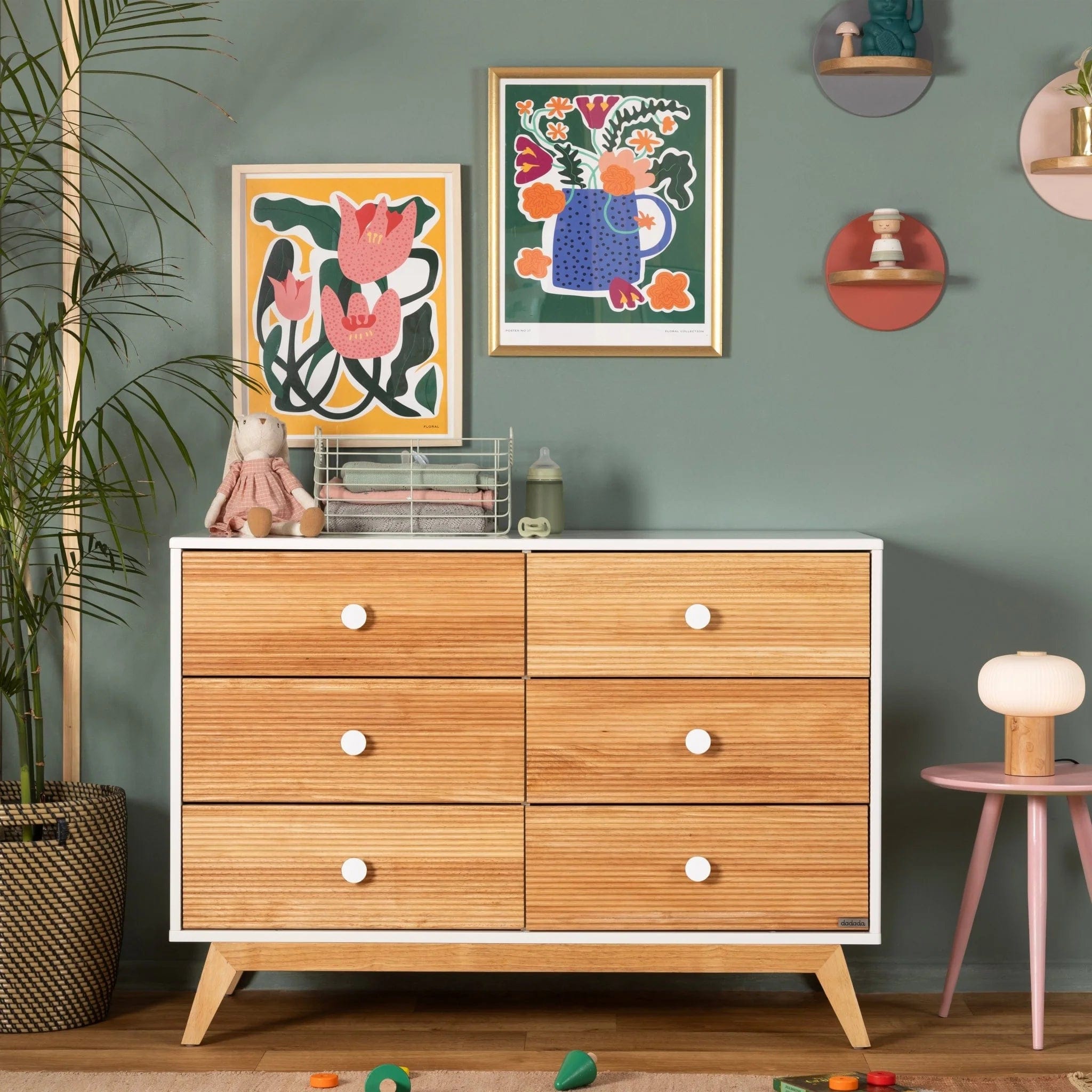 Dadada Merry 6-Drawer Dresser - White/Natural Wood Chest of Drawers for Bedroom, Nursery & Kids Room Storage - 2-Piece Set