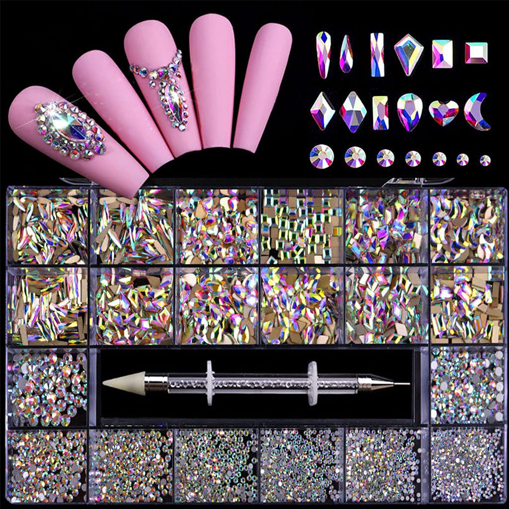 Professional Nail Rhinestones Kit - Multi-Shaped Glass Crystal AB Rhinestones for Nail Art Designs | Perfect for DIY Manicures, Salon Nail Decorations & Gift Sets