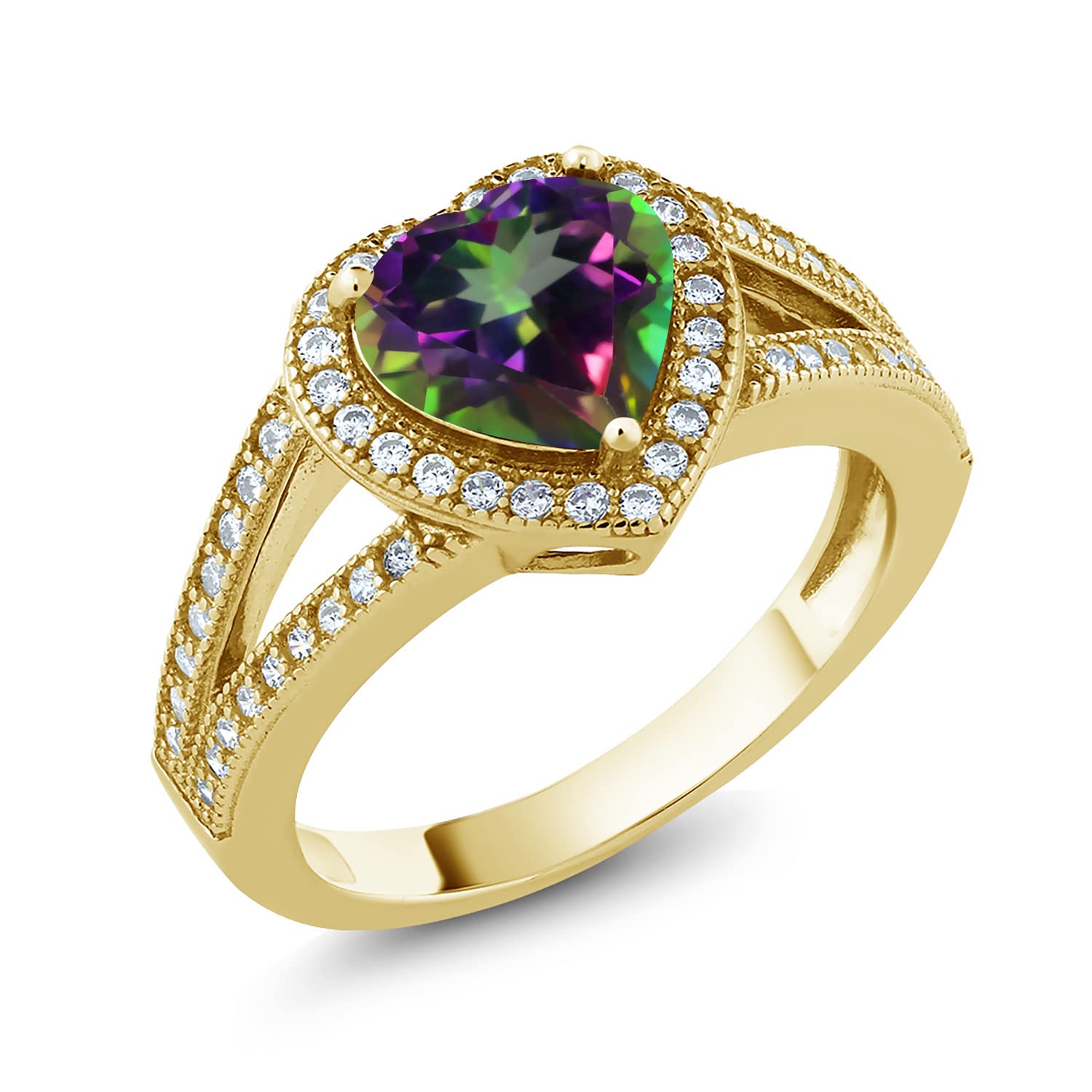 Gem Stone King 18K Yellow Gold Plated Silver Heart Shaped Ring with Mystic Topaz & Moissanite (2.49 Cttw) - Elegant Jewelry for Valentine's Day, Anniversary Gifts & Special Occasions